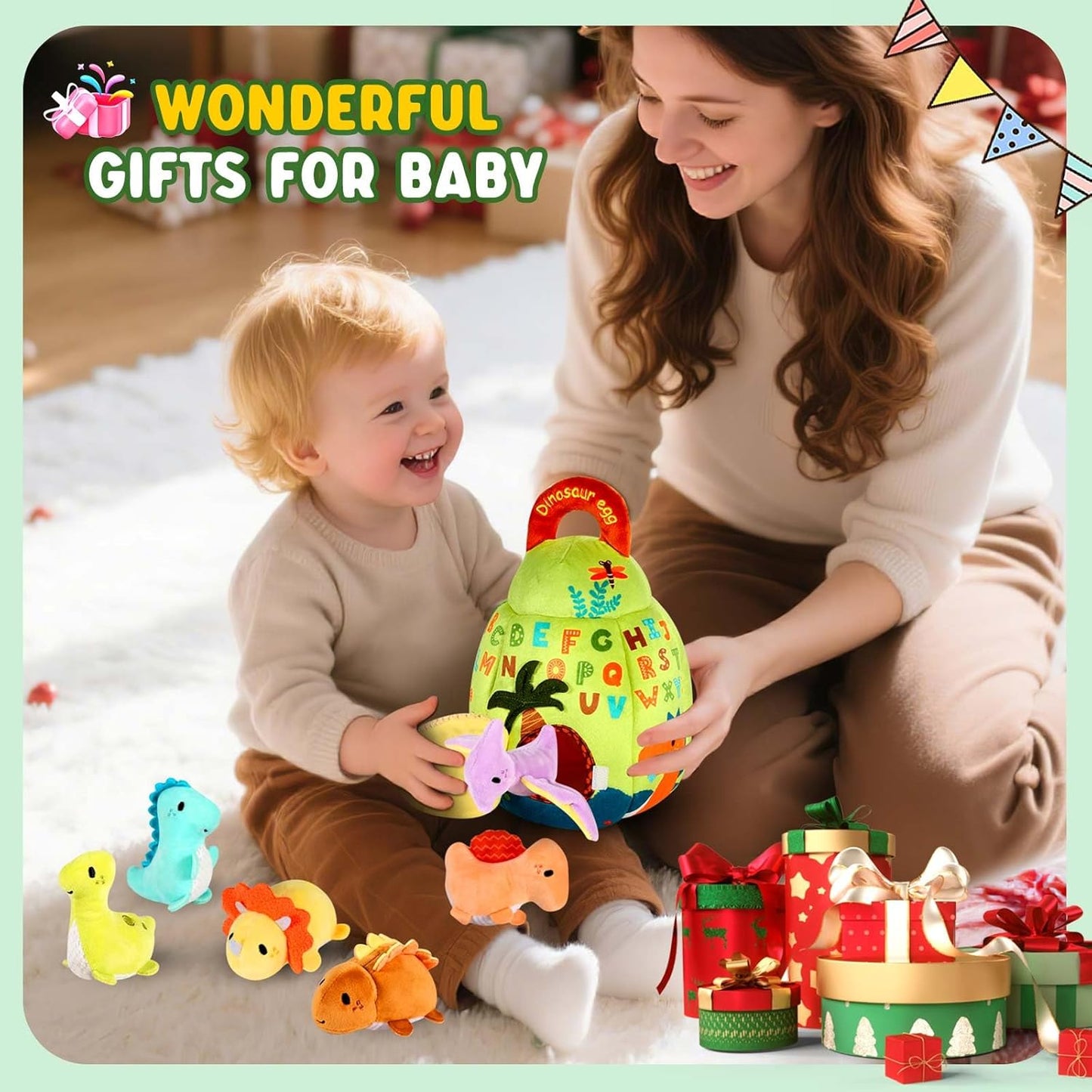 FREYBLI Baby Toys 6-12 Months - Soft Dinosaur Toy with Rattle, Crinkle Paper, Squeaker, Mirror - Baby Sensory Toys for 6 Month Old Developmental, Baby Montessori Toys for 1 Year Old Boy Girl Gifts