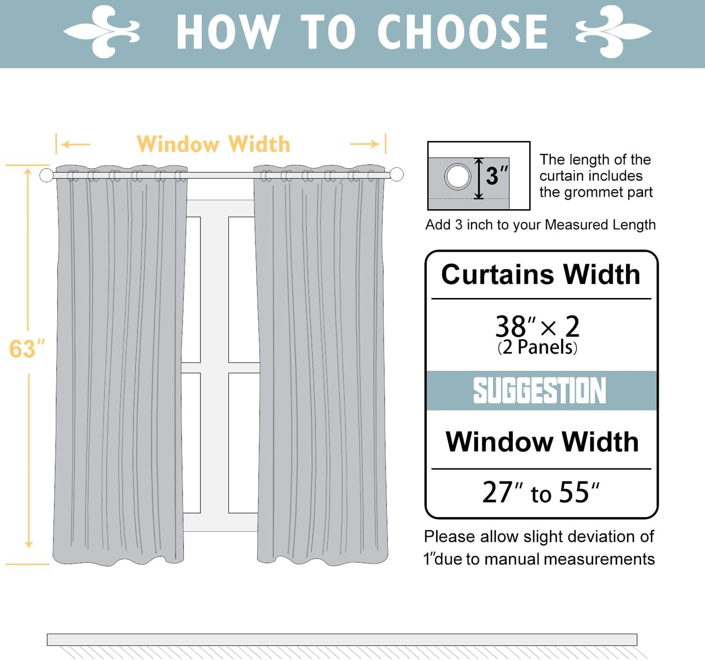 ChrisDowa 100% Blackout Curtains 63 inch Long for Bedroom with Black Liner, 2 Thick Layers Total Blackout Thermal Insulated Grommet Window Curtains 2 Panels Set (Light Grey, 38 x 63 Inch)