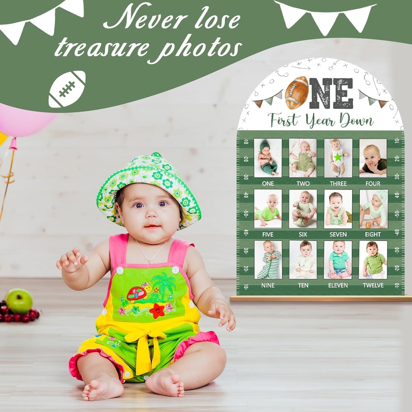 Football First Year Photo Board First Year Down Birthday Party Decorations Wooden Board 12 Monthly Milestone Picture Frame Sports 1st Birthday Photo Banner for Baby Boys Keepsake Gift Supply 2x2.8In