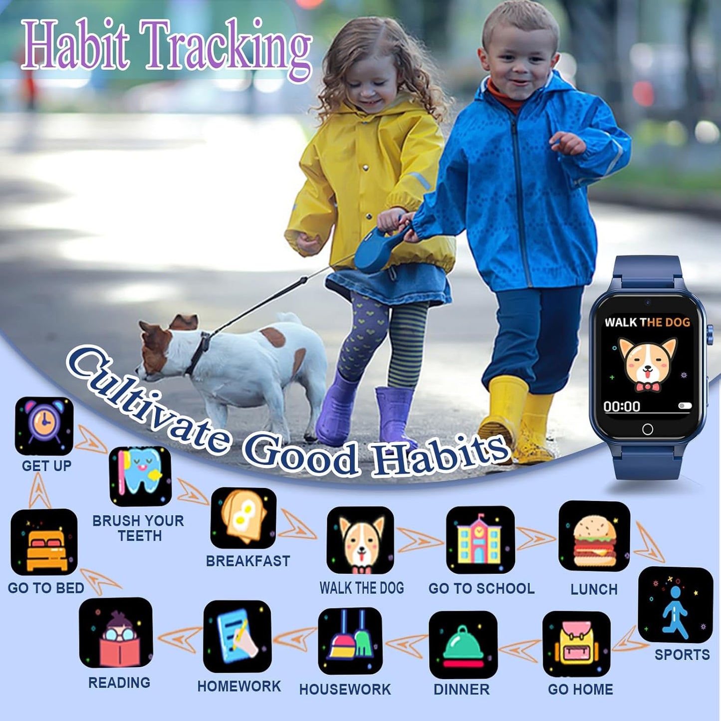 Goodatech Smart Watch for Kids 4-12 Years Boys Girls, 26 Puzzle Games,Camera,Video Music Player,Pedometer,Flashlight,Alarm Clock, Learning Education Toys Gifts (Blue)