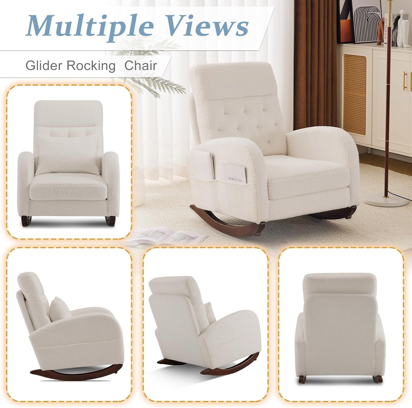 VINGLI Teddy Fleece Low Seat Rocking Chair,Boucle Upholstered Nursery Glider Chair with Side Pockets,Accent Arm Chair with High Backrest,Comfy Head Rest,Solid Wood,for Living Room, Bedroom,Beige