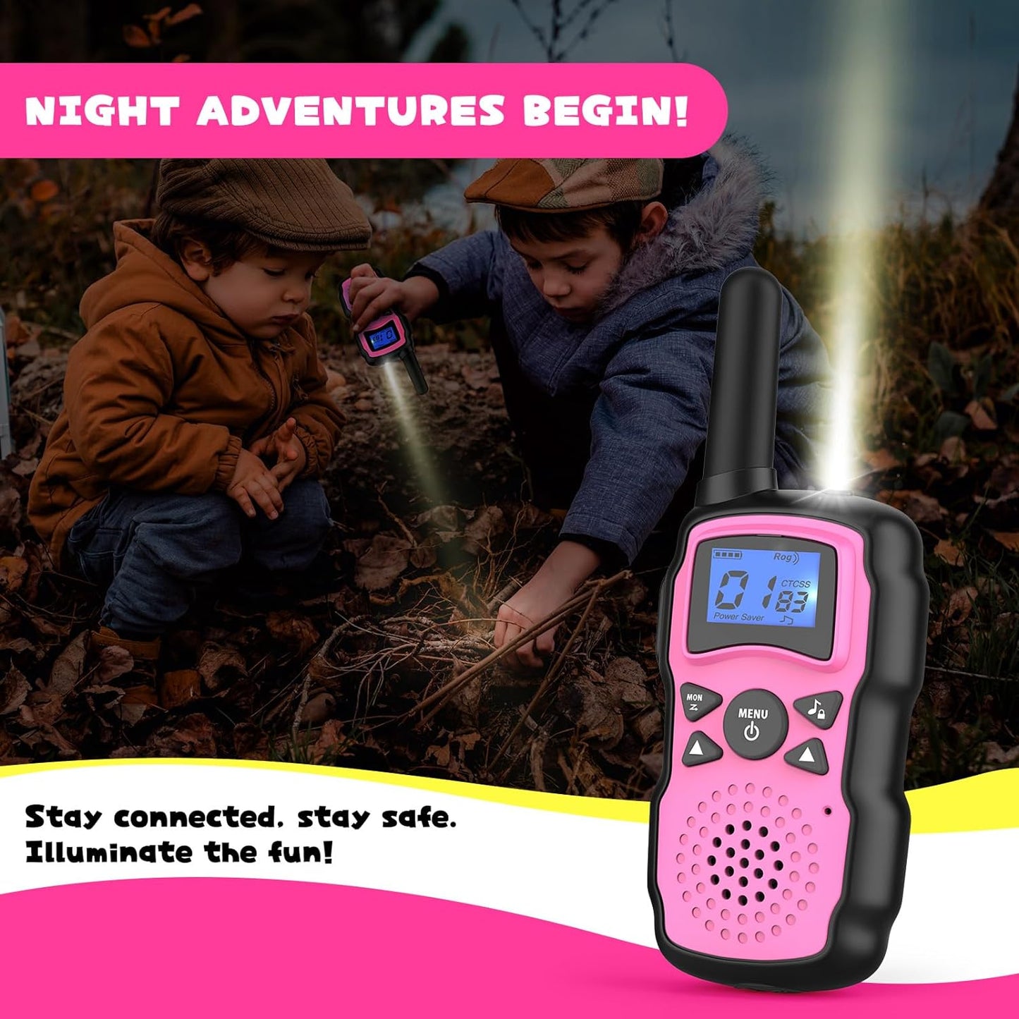 Wishouse Walkie Talkies for Kids Rechargeable with USB Charger 6000mAh Battery,Outdoor Camping Games with Flashlight Lanyard,Toys for Girls,Halloween Xmas Birthday Gift for Children 2 Pack Pink Purple