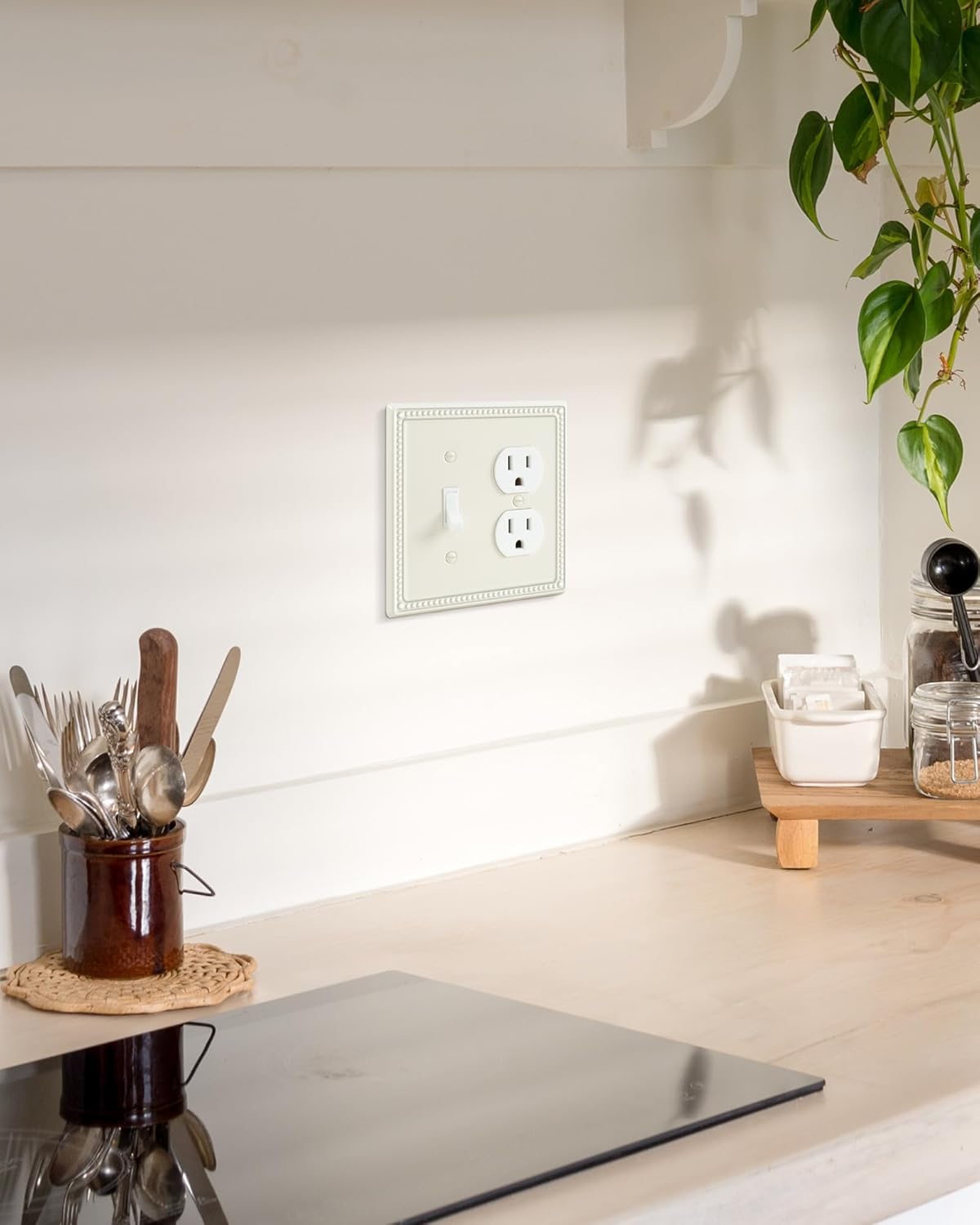 2-Pack Combo Toggle/Duplex Light Switch Cover Plate, Light Almond Metal Wall Outlet Cover Plate, Decorative Classic Beaded Wall Socket Receptacle Cover for Electrical Outlets, Light Switch