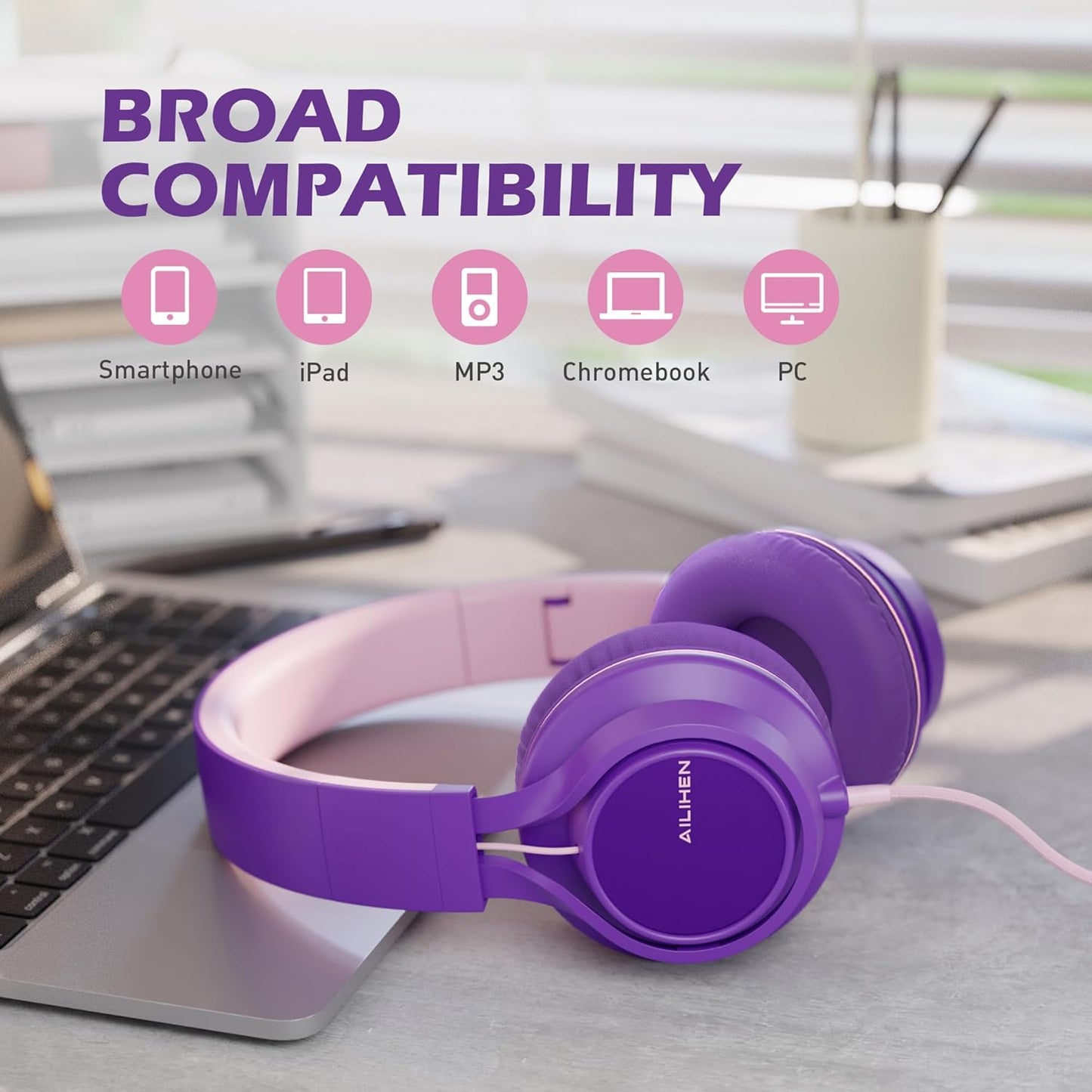 AILIHEN C8 Girls Headphones, On-Ear Headphones Wired with Microphone and Volume Control Foldable Corded Stereo 3.5mm Headset for Girls School Chromebook Laptop Computer PC Tablets Travel (Purple Pink)