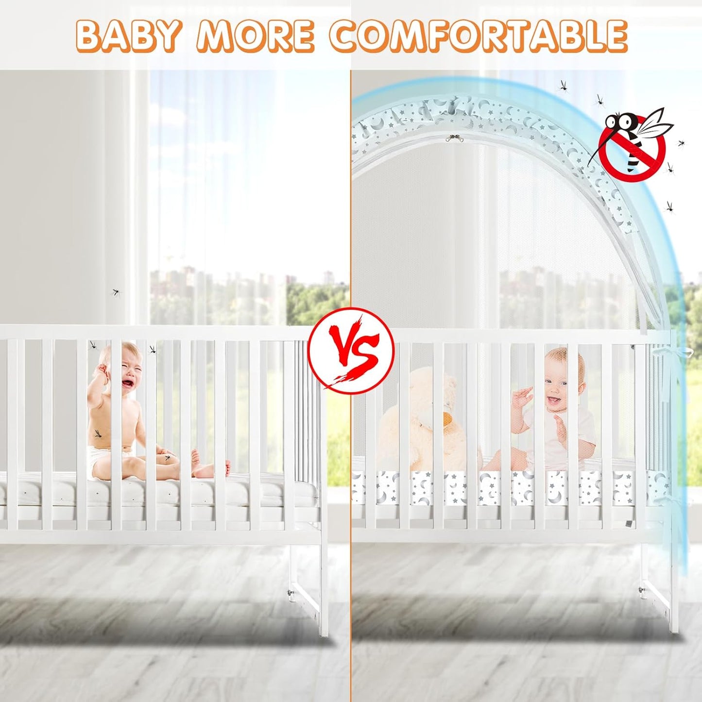Crib Tent to Keep Baby from Climbing Out - Crib Net to Keep Baby in - Pop Up Breathable Cribs Cover - Canopy with Upgrade Strong Mesh and Durable Zipper (White-Star and Moon, Lager)