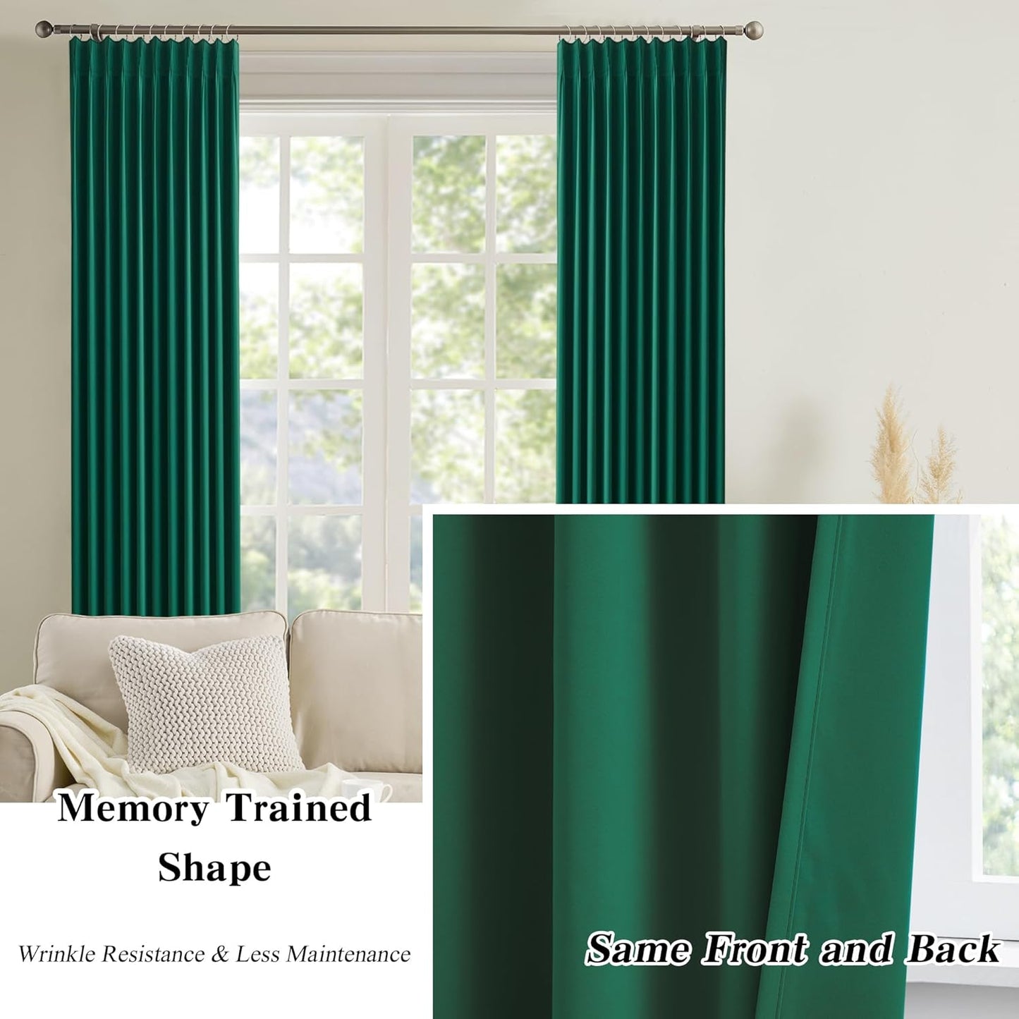 KEQIAOSUOCAI Dark Green Pinch Pleated Blackout Curtains for Small Windows - Thermal Insulated Christmas Green Curtain Drapes with Hooks,40 x 45 Inches Long-2 Panels Set