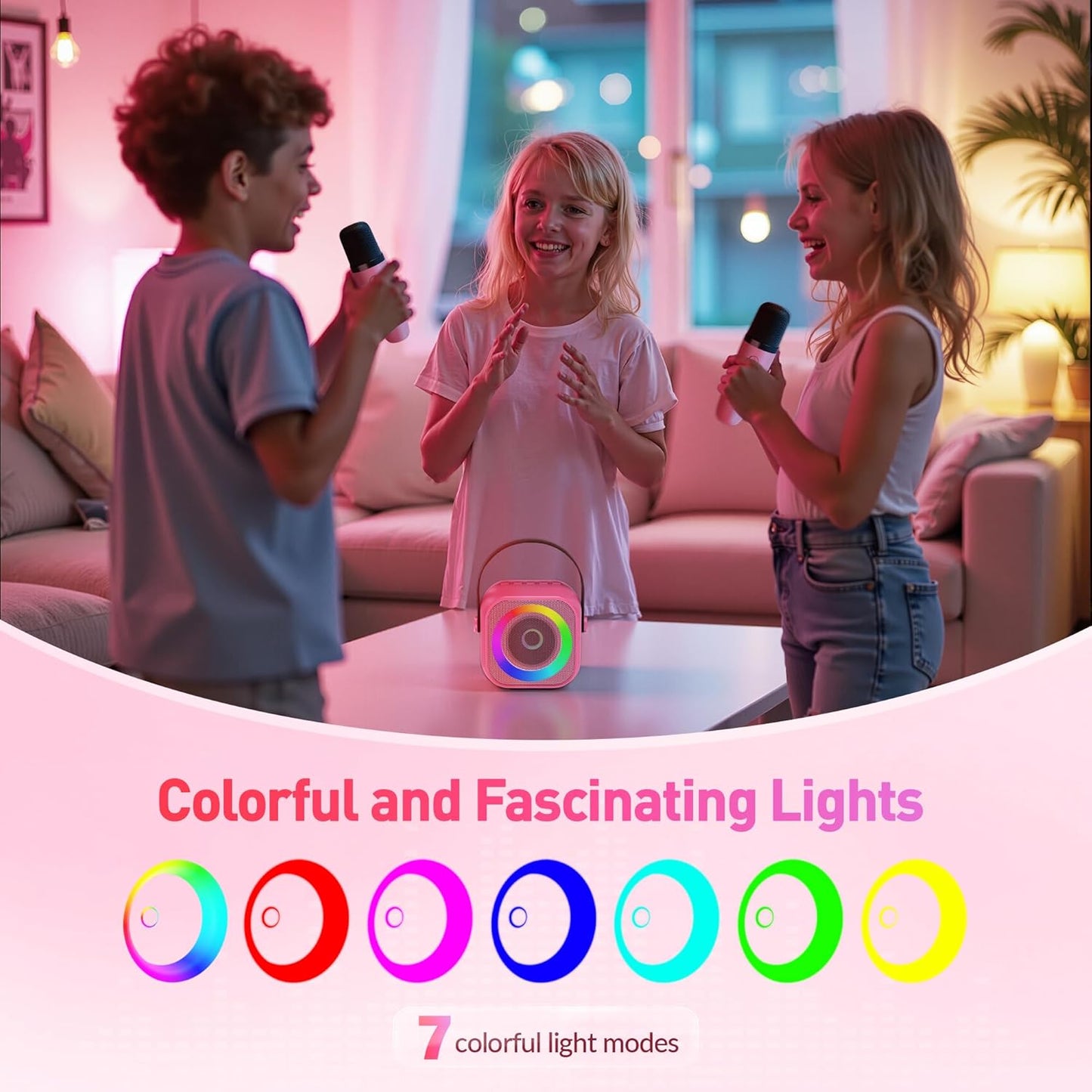 Mini Karaoke Machine with 2 Wireless Microphones for Kids Adults,Portable Bluetooth Karaoke Speaker with Party Lights,Christmas Birthday Gifts for Girls Ages 4, 5, 6,7, 8, 9, 10,12+ Family Home Party