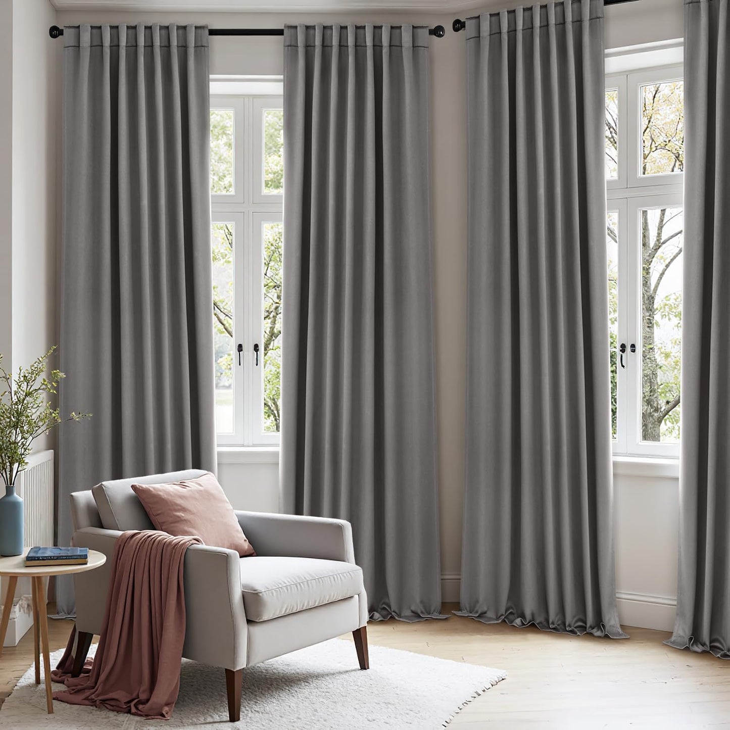 ANRODUO Back Tab Blackout Curtains for Bedroom Living Room, Rod Pocket Pinch Pleated Thermal Insulated Room Darkening Curtains 96 Inches Long 2 Panels, Grey, 52 x 96 Inch