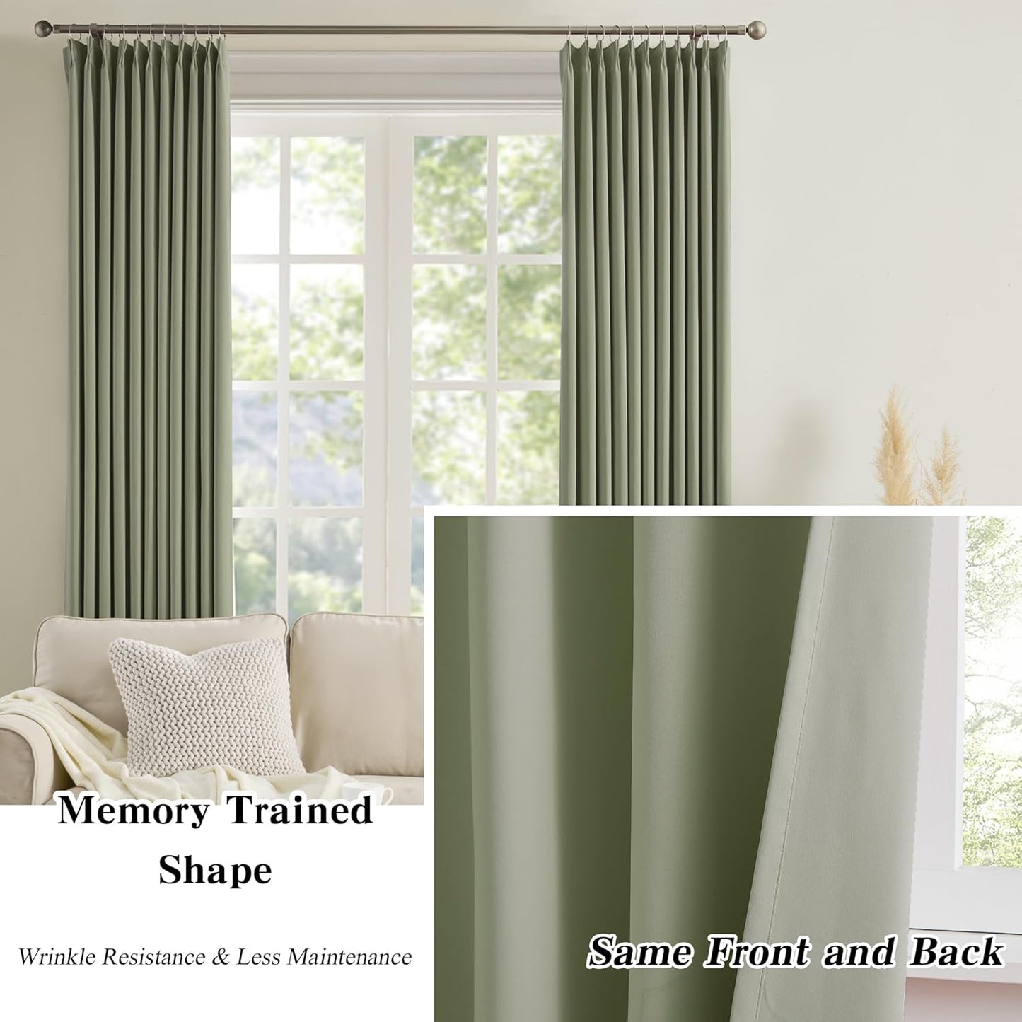 KEQIAOSUOCAI Light Sage Blackout Curtains Pinch Pleat Green Drapes 96 Inches Long 2 Pieces, Elegant Thermal Insulated Black Out Window Panels for Living Room Bedroom 40 x 96 inch Sage Green