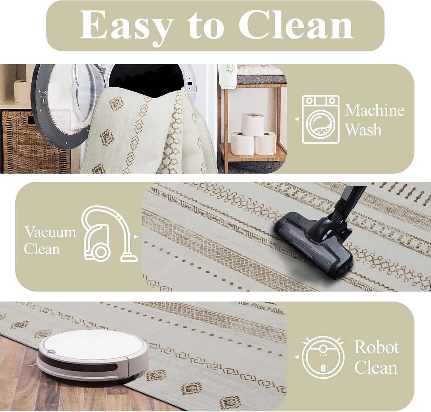 Washable Rugs 5x7 Area Rugs for Living Room, Thin Carpet for Bedroom, Boho Soft Faux Wool Retro Dining Room Rug,Non Slip&Non-Shedding Resistant Low Pile Vintage Print Rug for Home Office (Beige)