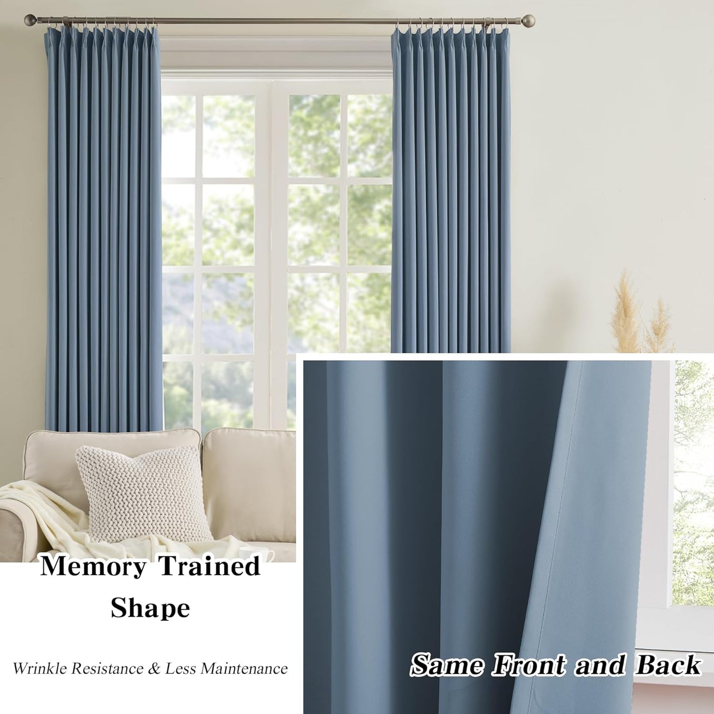 KEQIAOSUOCAI 2 PCs Dusty Blue Pleat Wide Drapes for Sliding Glass Door 60 Wide x 102 Inch Long, Privacy Light Block Noise Reduce Insulated Ceiling to Floor for Locker Room Basement Bedroom Closet
