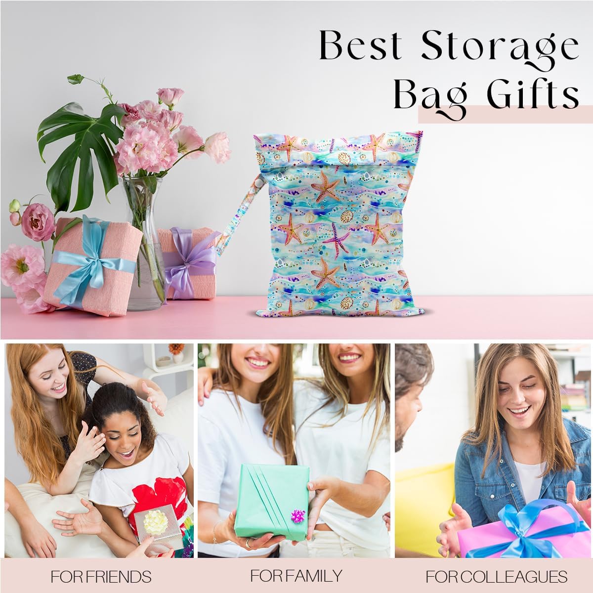 Wet Bag for Swimsuit, Beach Travel Essentials Wet Dry Bag, for Sunscreen Toiletry Dirty Clothes Yoga Gym Diaper, Friends Summer Beach Vacation Gifts. Starfish and jellyfish