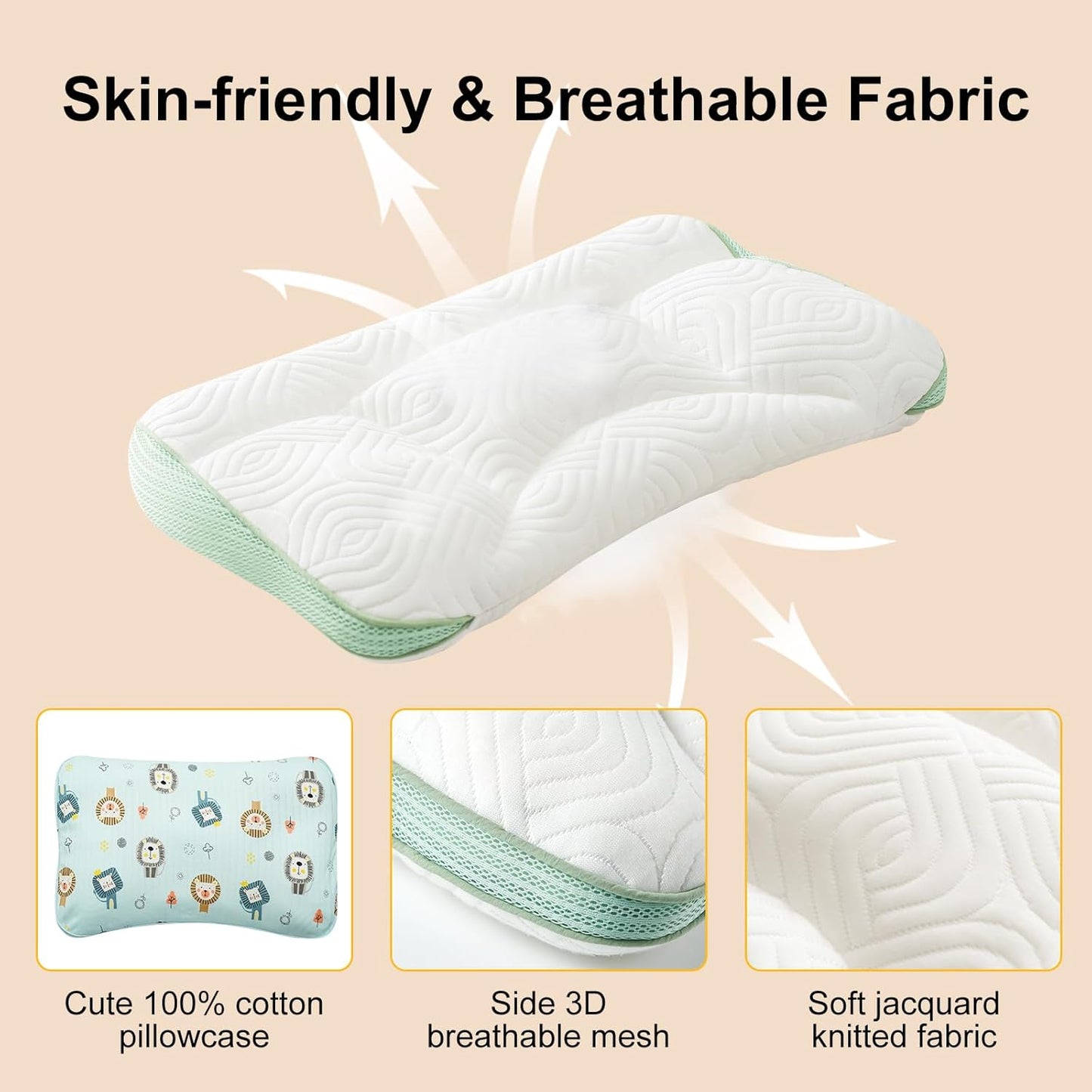 Reidio 1Pc Toddler Pillows with Removable Cotton Pillowcase Ergonomic Design Toddler Pillows for Sleeping Toddler Neck Pillow Kids Pillows Machine Washable 14x20in (Blue Green)