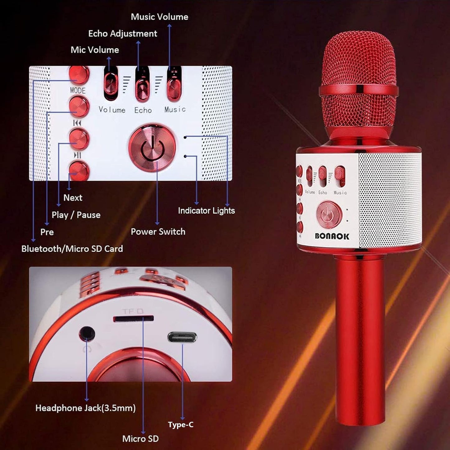 BONAOK Wireless Bluetooth Karaoke Microphone,3-in-1 Portable Handheld Mic Speaker Machine Birthday Home Party for PC or All Smartphone(Q37 Red)
