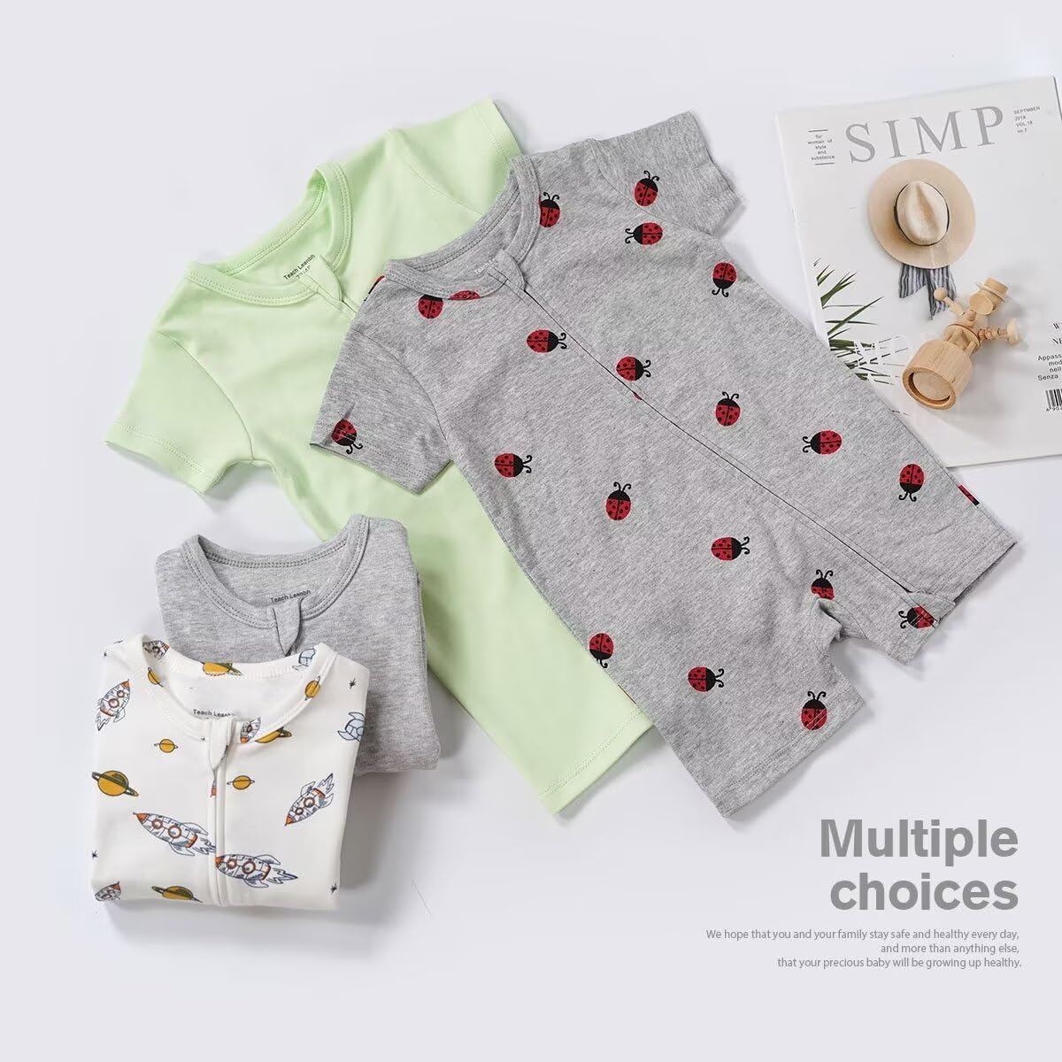 Teach Leanbh Unisex Baby 2 Pack Pajamas Cotton Short Sleeve 2 Way Zipper Printing Soild Romper Jumpsuit Sleep and Play