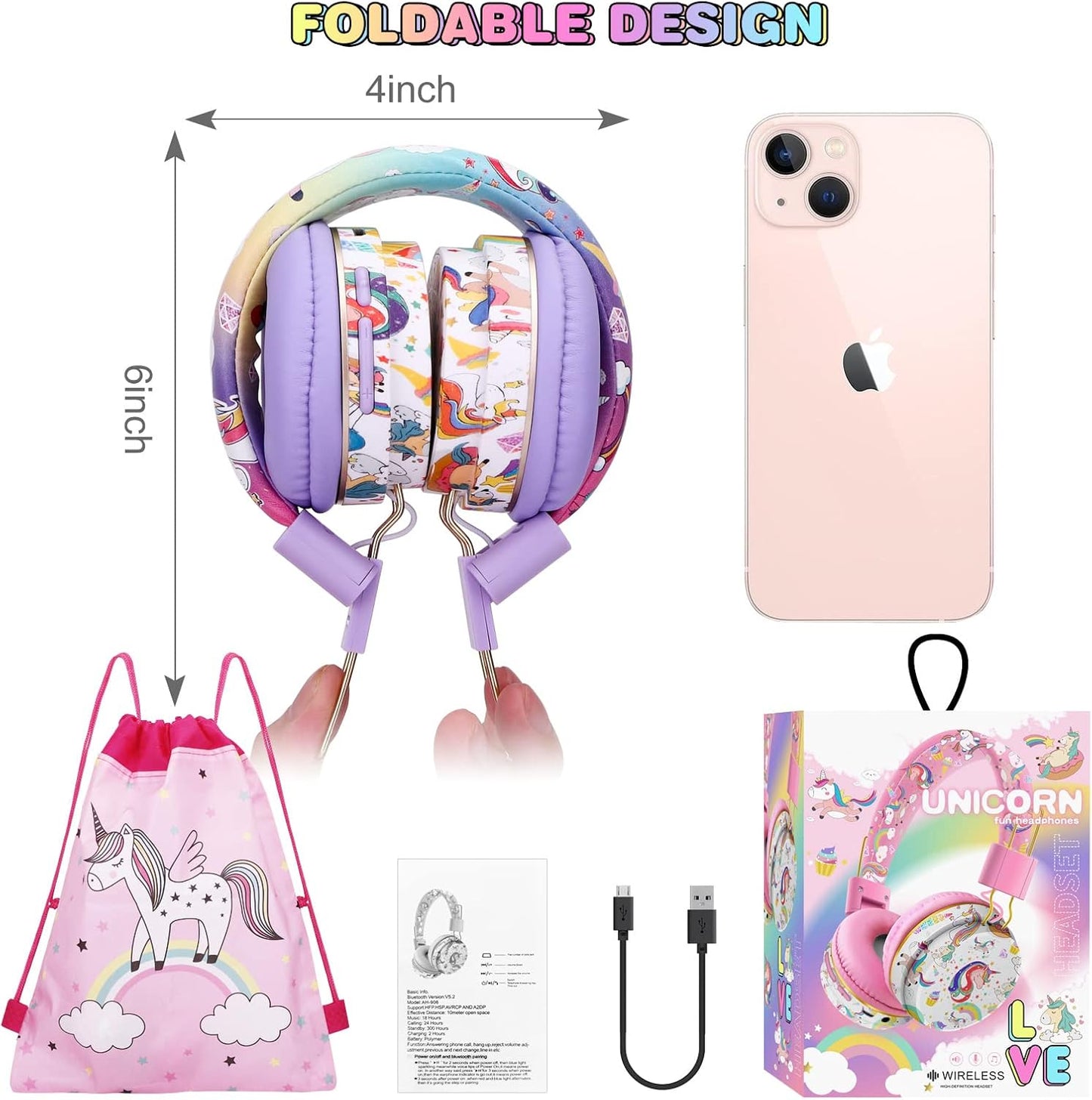 QearFun Unicorn Bluetooth Headphones for Girls - with Microphone & 3.5mm Jack, Adjustable Headband for Kids Teens Toddlers, School iPad Tablet PC Smartphones Compatible (Purple)