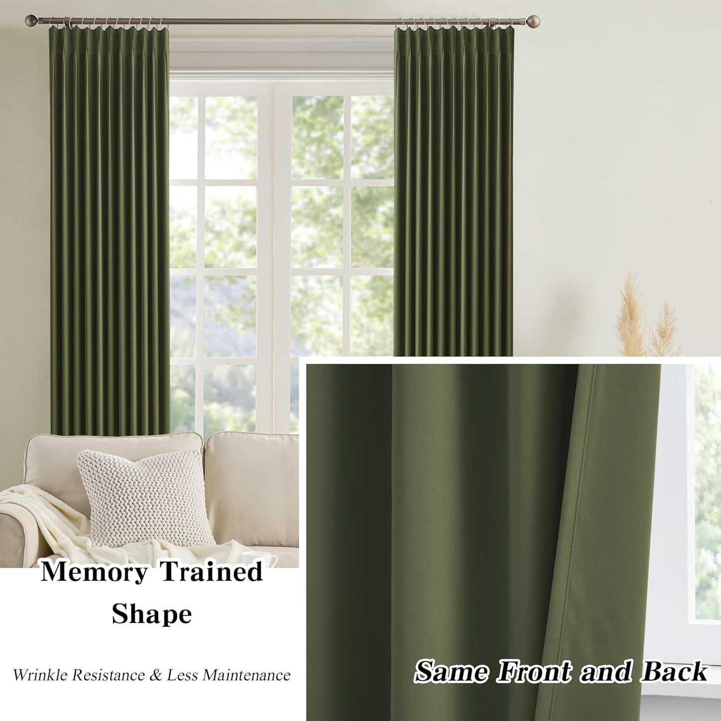 KEQIAOSUOCAI Olive Green Curtains Pinch Pleat wtih Hooks,Block Out Sound Reducing Light Blocking Window Drapes Thermal Curtain for Bedroom/Living Room 84 Inches Long, 40x84 2 PCs