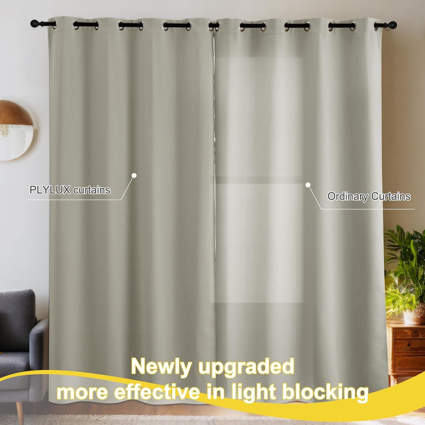 NICETOWN Light Beige Room Darkening Curtains 63 Inches Long for Kids Bedroom, Thermal Insulated Blackout Plylux Curtains & Drapes for Living Room Window Cover (W52 x L63 Inch, 2 Panels)