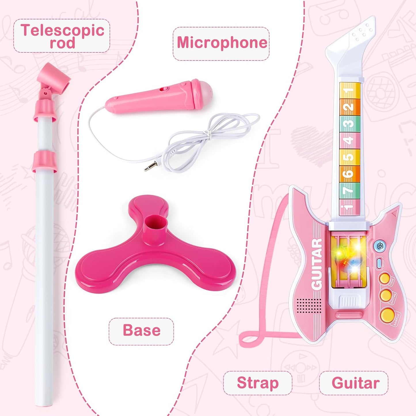 deAO Kids Guitar and Microphone Set with Stand Adjustable Height Music Light Karaoke Music Toys Christmas Birthday Gift for Kids Boys Girls (Pink)