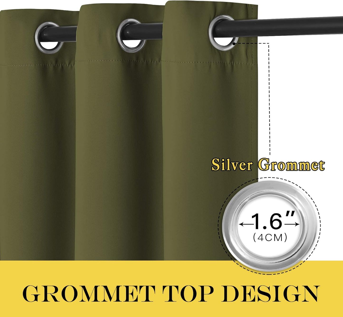 NICETOWN Room Darkening 66 inch Curtains for Bedroom, Grommet Thermal Insulated Room Darkening Window Treatments Voice Reducing for Kids Room, 2 Panels, W66 x L66, Olive
