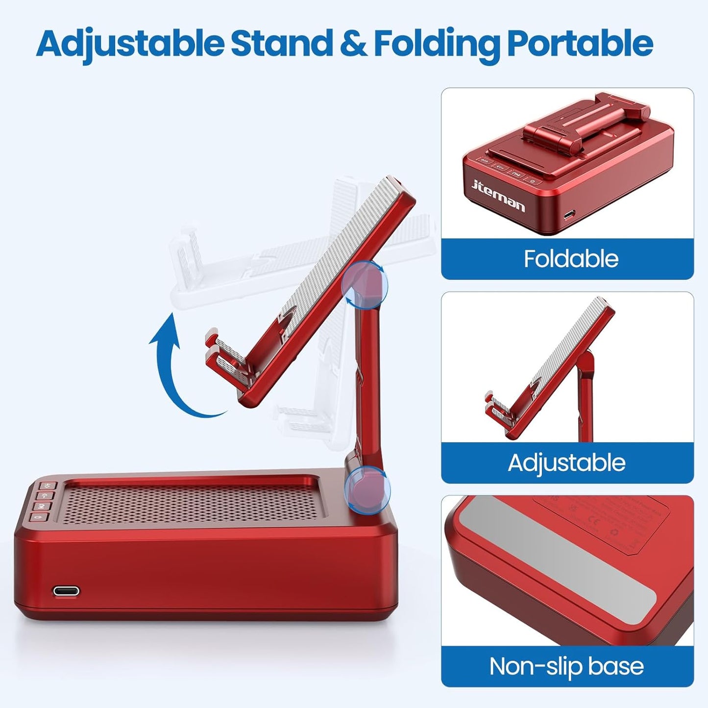 JTEMAN Portable Phone Stand with Speaker Bluetooth Wireless,Gifts for Men Women,Birthday for Women,Kitchen Gadgets for Men,Phone Holder for Desk - Red