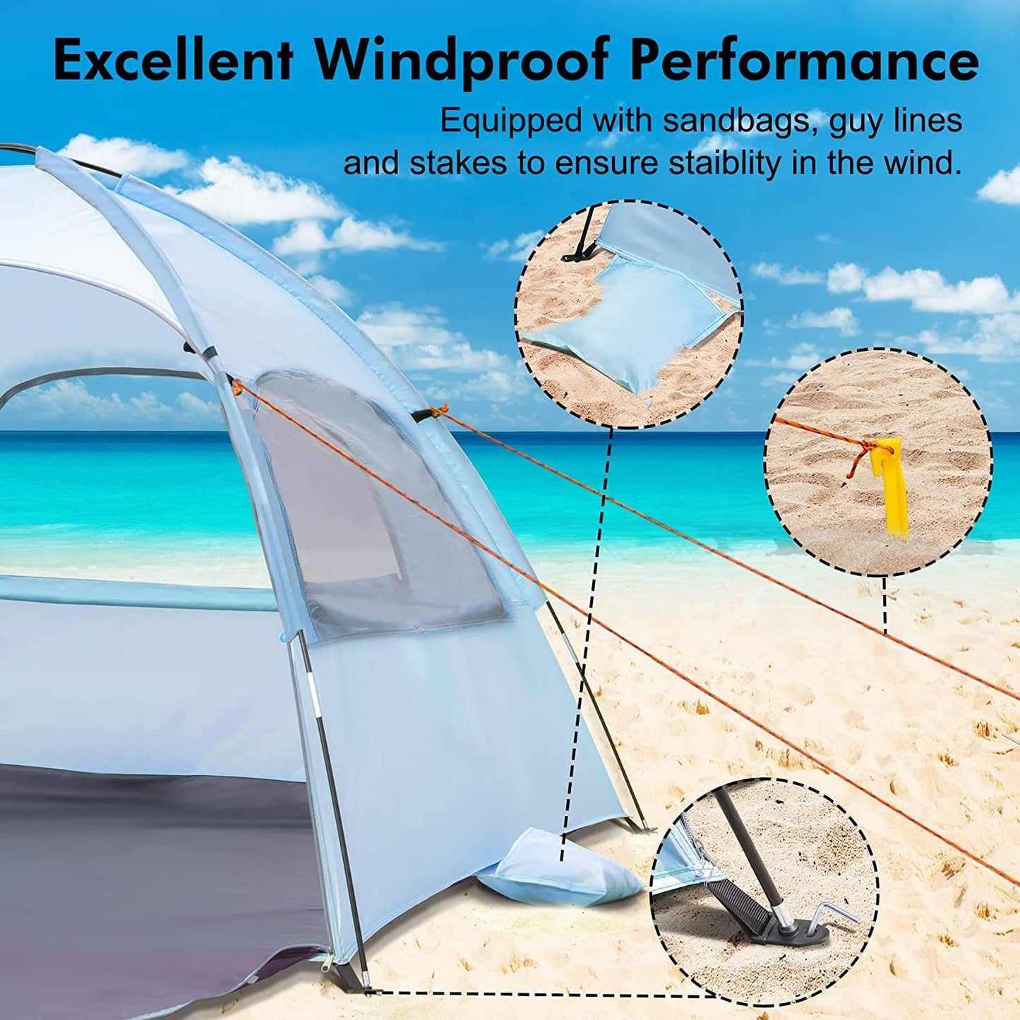 WhiteFang Beach Tent Anti-UV Portable Sun Shade Shelter for 3/4/6/8 Person, Extendable Floor with 3 Ventilating Mesh Windows Plus Carrying Bag, Stakes and Guy Lines