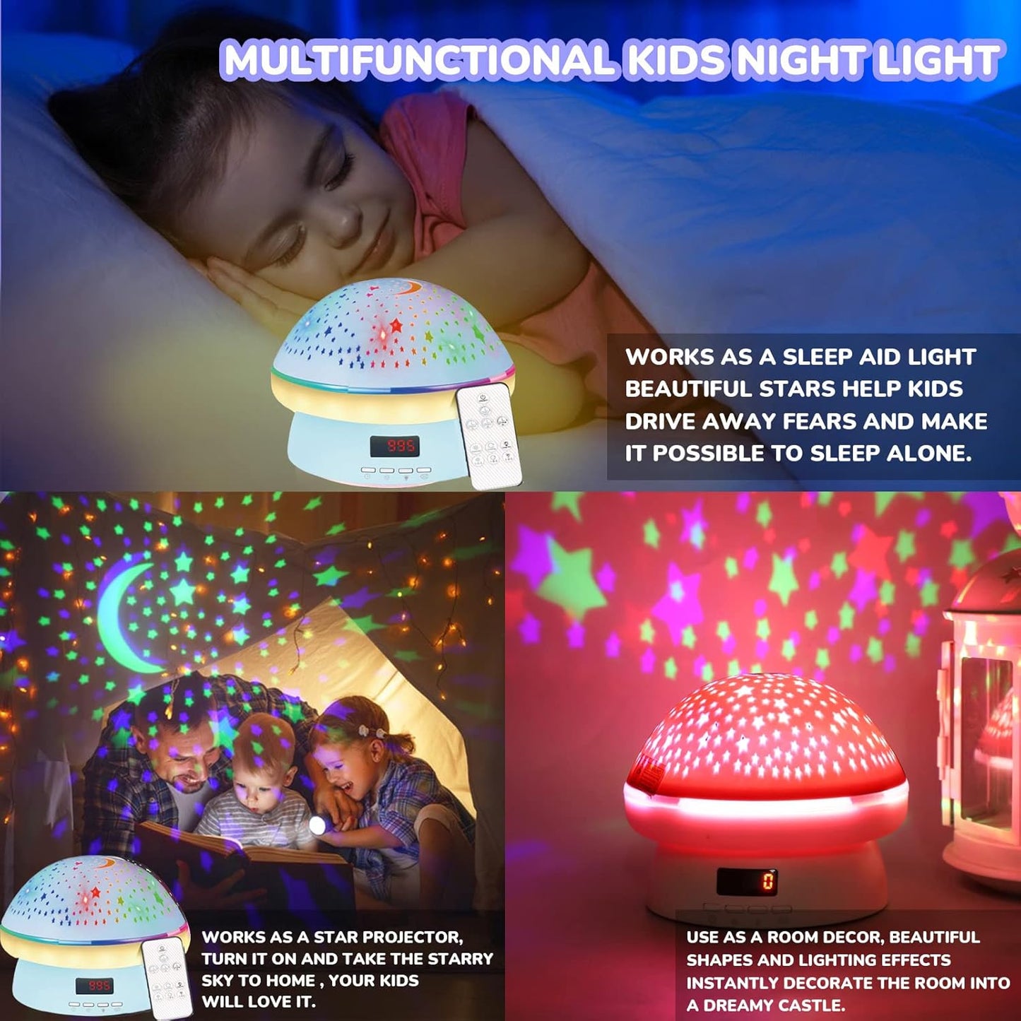 Remote Control and Timer Design Starry Sky Rotating Star Projector Night Light,16 Colorful Projector Light Dimmable LED Bedside Lamp,Kids Room Decor (Blue)