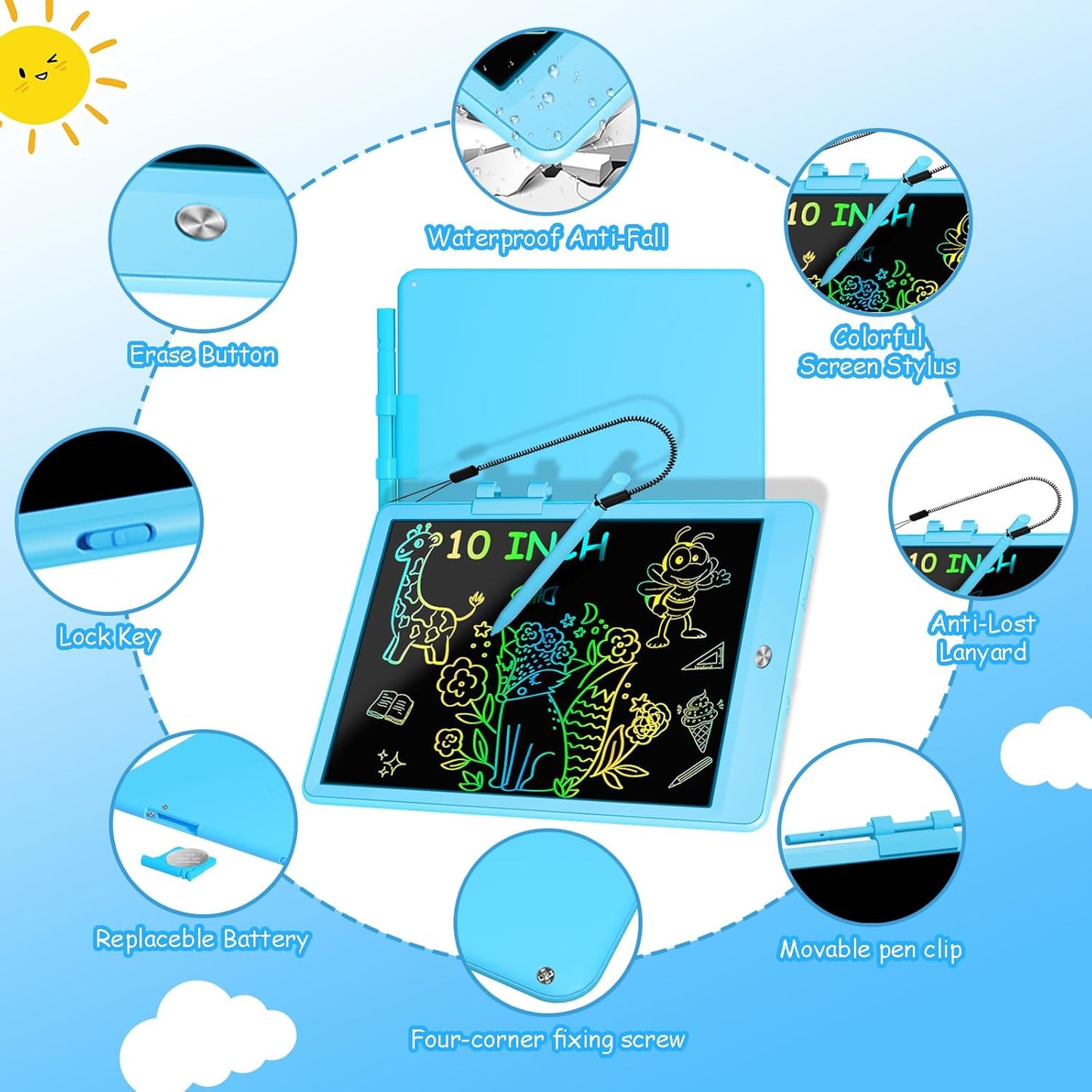 Decute Kids Toys LCD Writing Tablet with Stylus, 10 Inch Erasable Toddlers Doodle Board, Reusable Drawing Pad for Kids, Educational Christmas Birthday Gift for 3 4 5 6 7 8 Girls Boys Toddler Blue