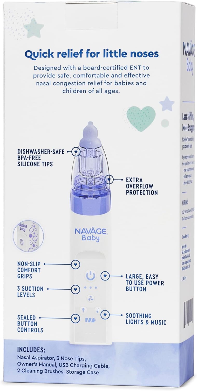Navage Baby Nasal Aspirator - Gentle, Pediatrician Endorsed Nasal Aspirator for Baby Congestion & Stuffy Noses - Baby Nose Sucker w/ Lights, Lullabies & BPA Free Silicone Tips