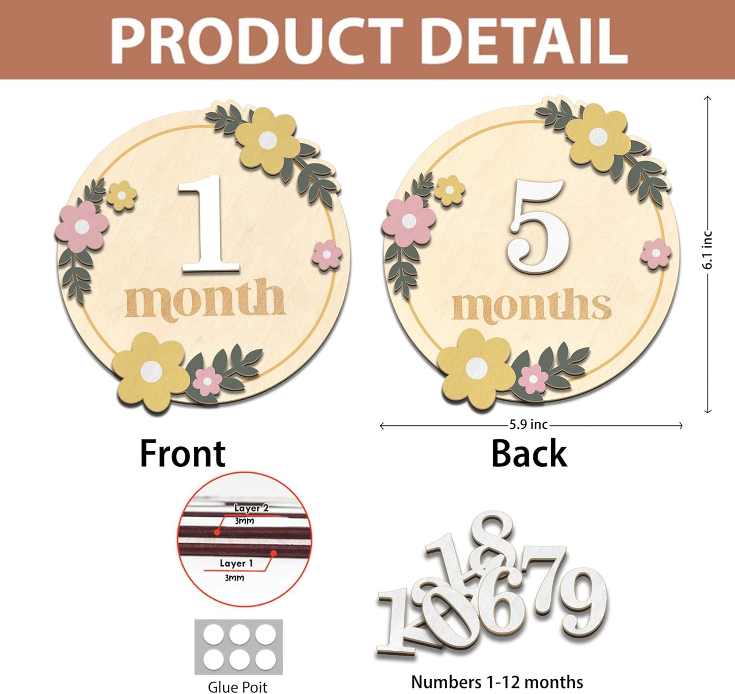 Baby Monthly Milestone Cards - Wooden Monthly Milestone Discs - Newborn Photography Props to Document Your Baby´s Growth - Baby Announcement Sign (B07)