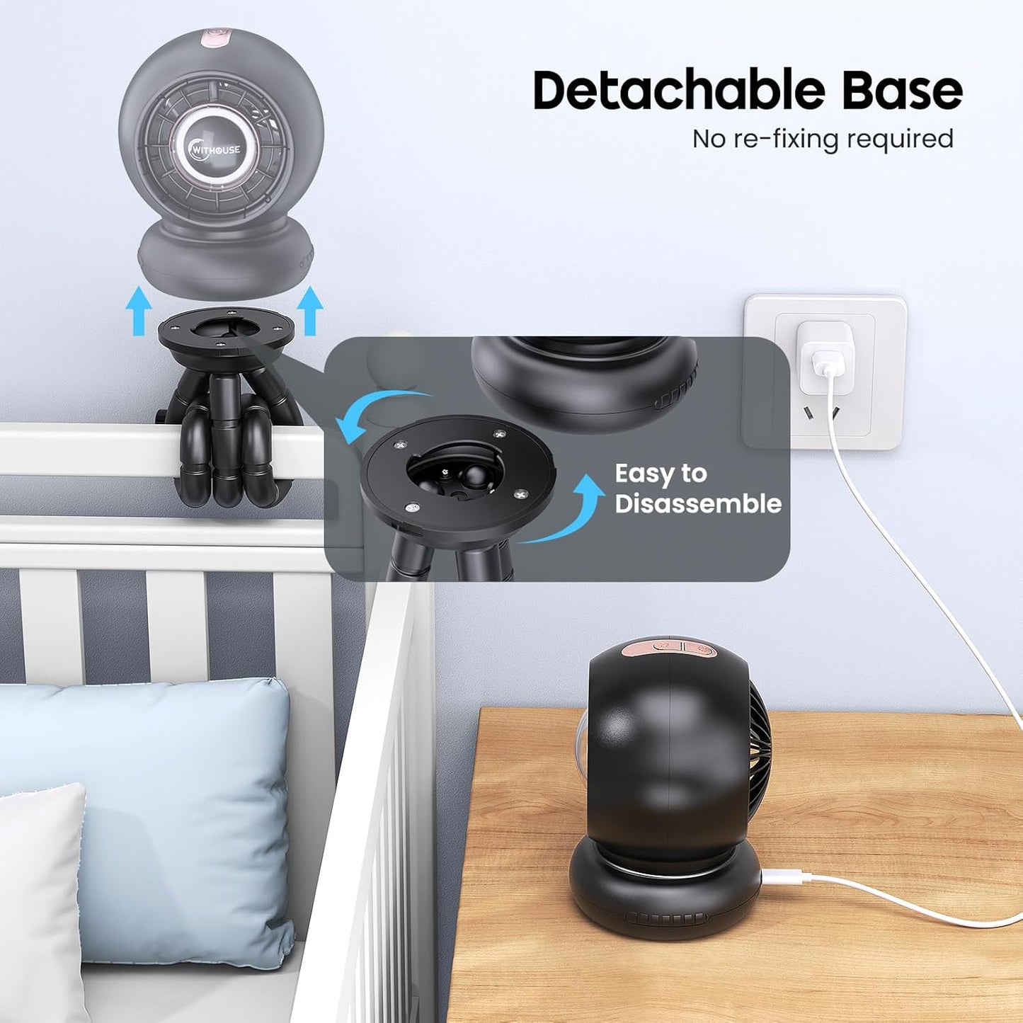 Stroller Fan, Battery Operated Baby Stroller Fans, 8000mAh Rechargeable Fans, 75° Auto Oscillation Portable Fan, 5-12H Runtime, 4 Speeds Wind, Detachable Base & LED Display