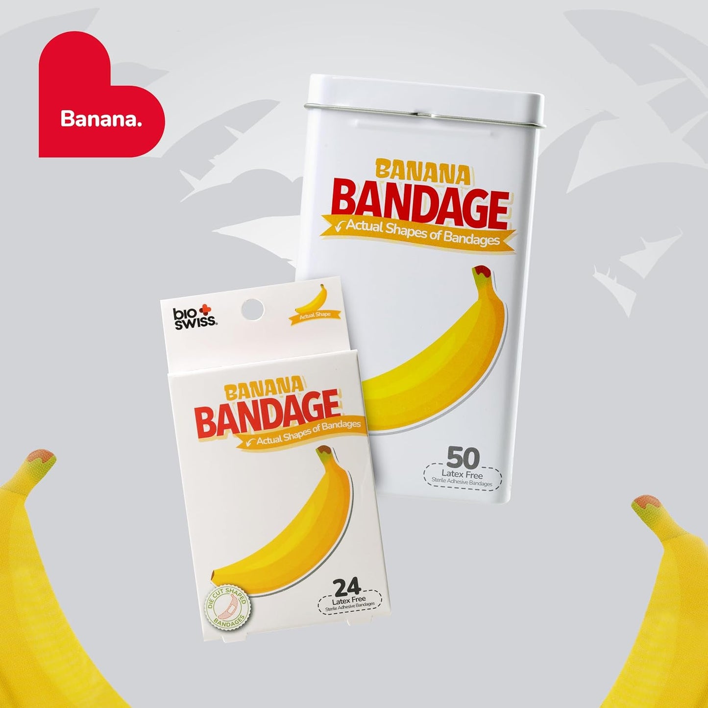 BioSwiss Bandages, Banana Shaped Self Adhesive Bandage, Latex Free Sterile Wound Care, Fun First Aid Kit Supplies for Kids, 24 Count