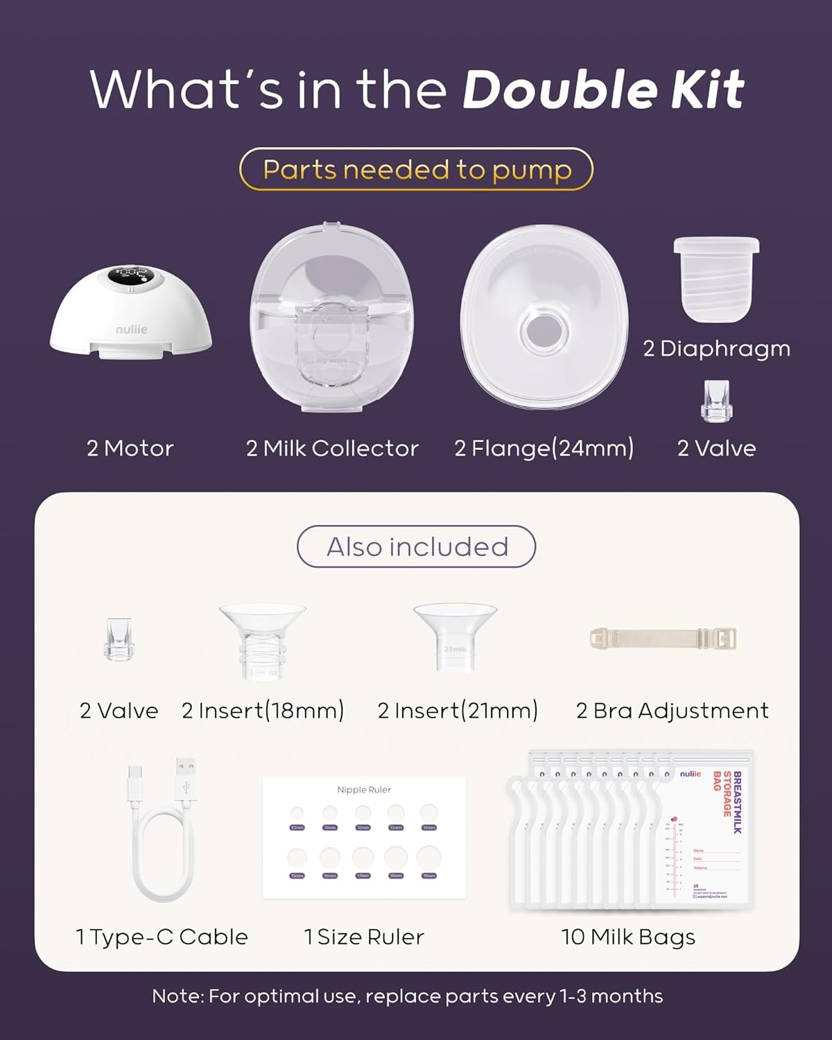 Nuliie Hands-Free Breast Pump, Wearable Breastfeeding Pump 4 Modes 9 Levels with 18/21/24MM Flange, Electric Breast Pump Portable, Replaced Pumping Accessories Included (2 Packs, Purple)