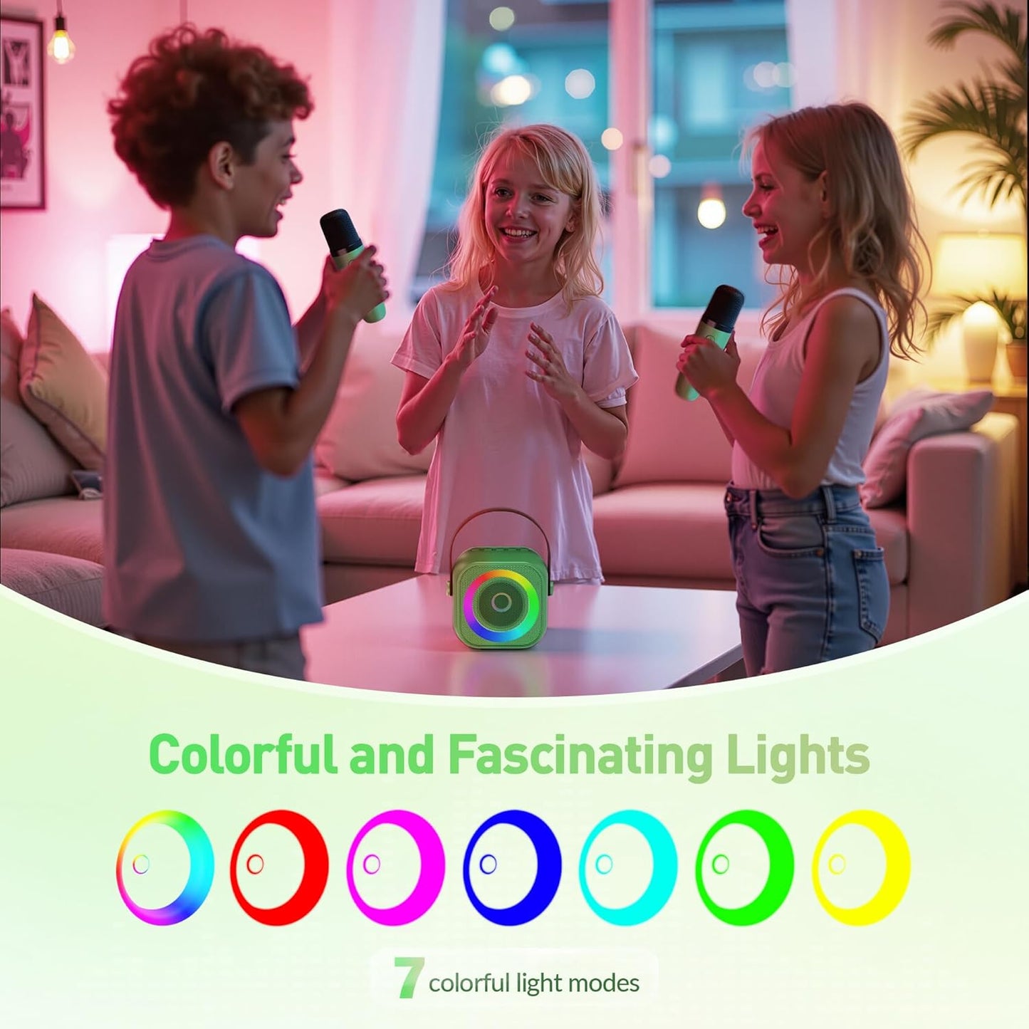 Mini Karaoke Machine:Portable Bluetooth Karaoke Microphone, Singing Speaker with 2 Wireless Mic and Light Kids Adults, Christmas Birthday Gifts for Girls Boys Family Home Party(Green)
