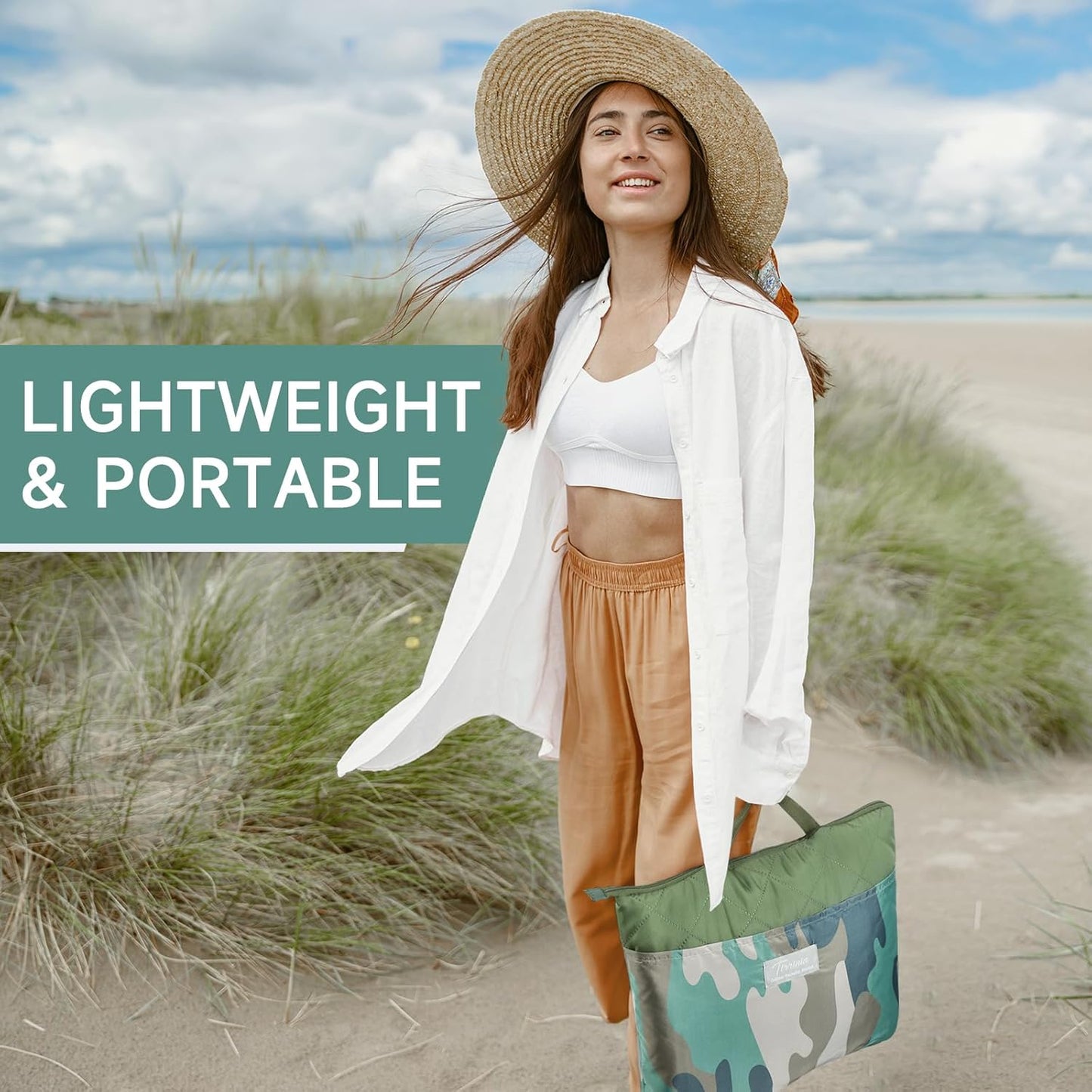 Solaris Waterproof Picnic Blanket, Lightweight 50” x 60” Foldable Sandproof Beach Blanket with Large Pocket, Portable Outdoor Camping Blanket Great Couples Gift Ideas, Green Camo