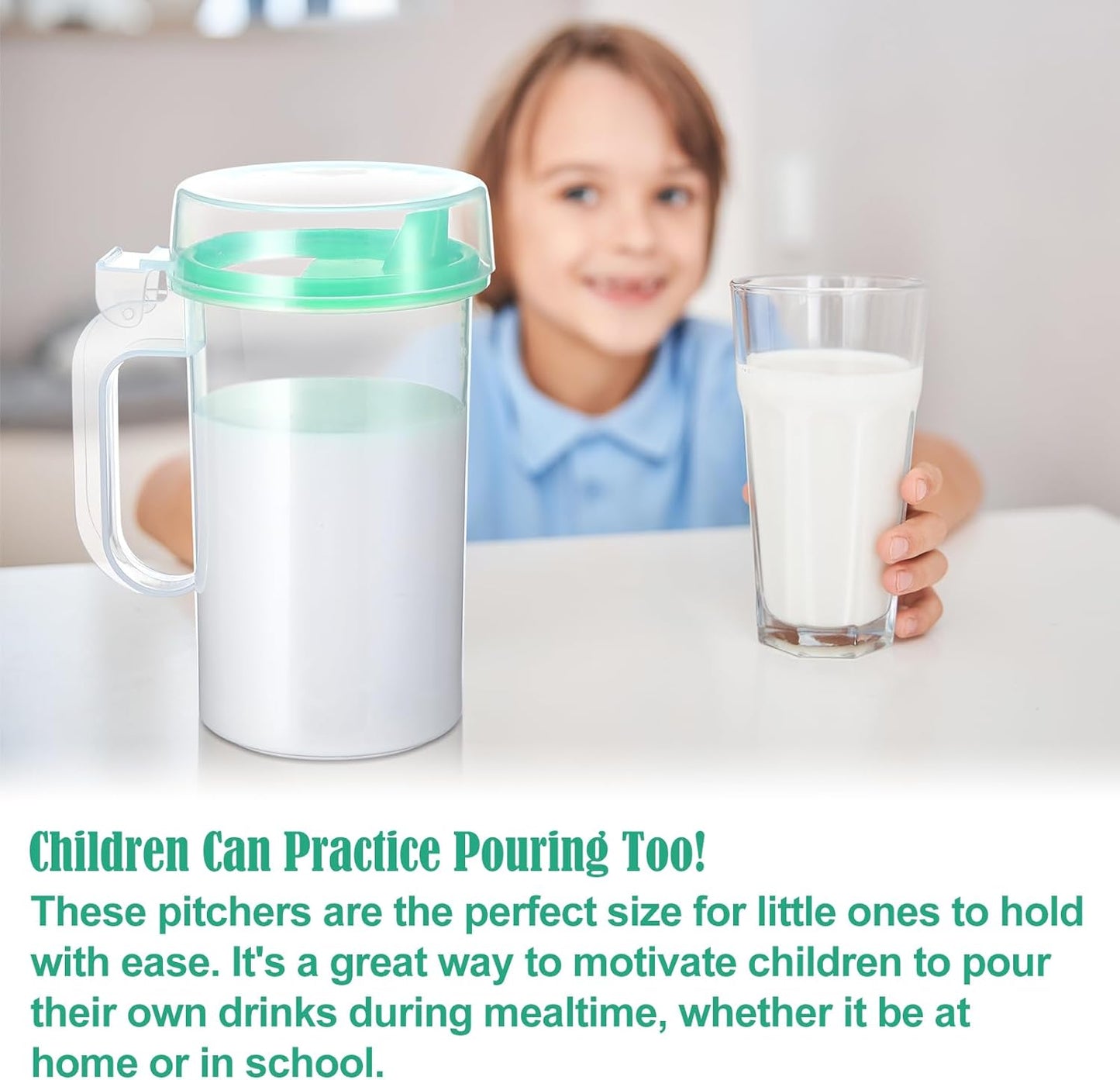 Newtay 12 Pack Early Learning Kids Easy Pouring Mini Pitchers Clear Plastic Pitcher with Lid and Handle Easy Pour Bottles 16 Oz. Jugs with Lids for Classroom Nursery Home (Light Green)
