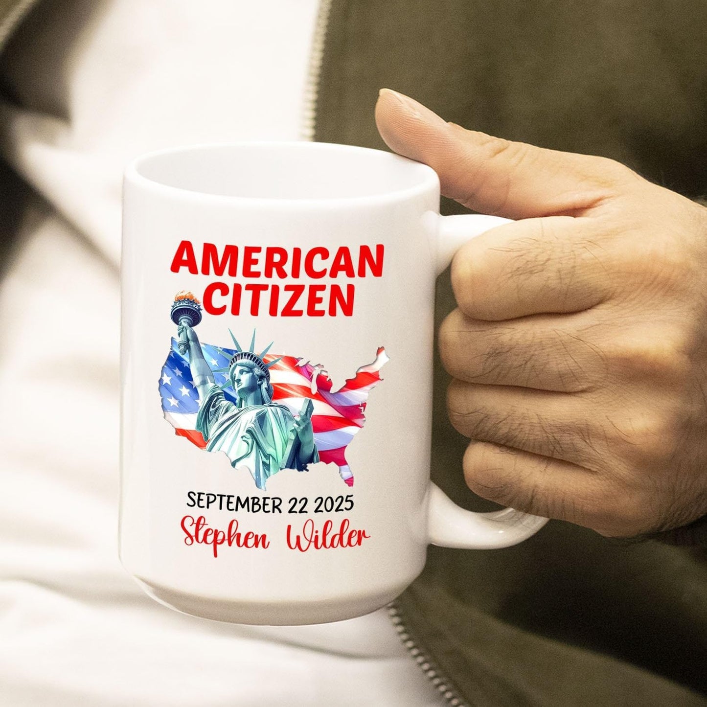 Statue of Liberty Coffee Cup 11Oz 15Oz, Customized American Citizen White Coffee Mug With Name & Year, New US Citizen Ceramic Mug Gift For Women Men Birthday Anniversary, Personalized Citizenship Cup