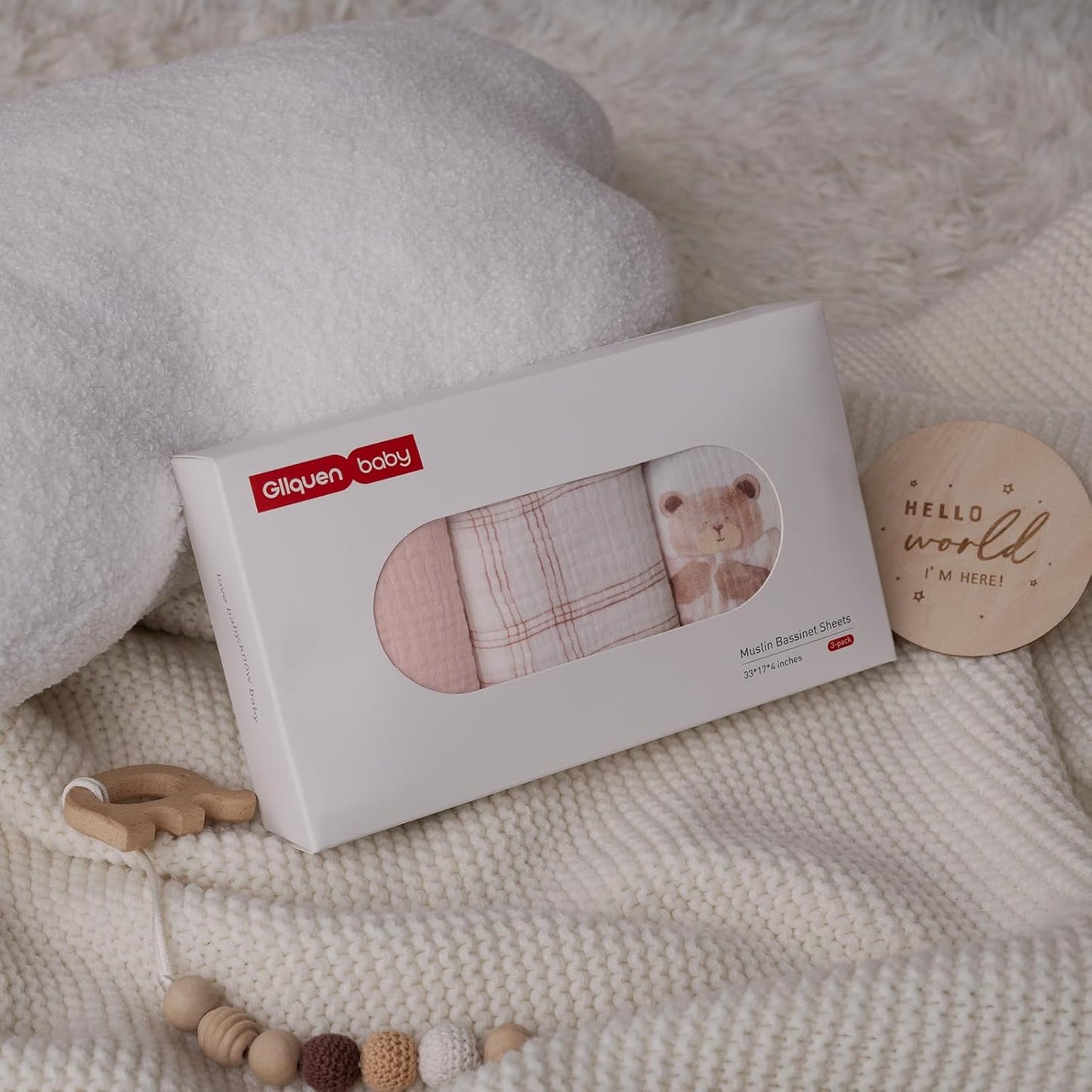 Gllquen Baby Muslin Bassinet Sheets 3 Pack, Breathable Elastic Cozy Fitted Cotton Bassinet Mattress Sheet for Baby Boy Girls, Fit for Hourglass Oval Rectangular Cradle Pad Sheets 33"x17" (Bear Dream)