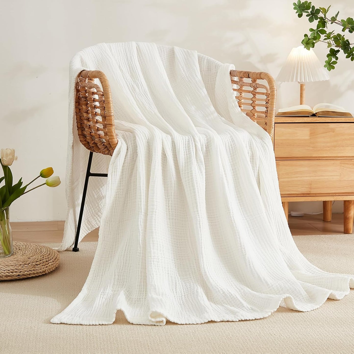 EMME Cotton Blanket King Size for Bed Soft Muslin Blankets 108"x90" Lightweight Breathable Layering Blanket Bedspread Coverlet All Season Gauze, White
