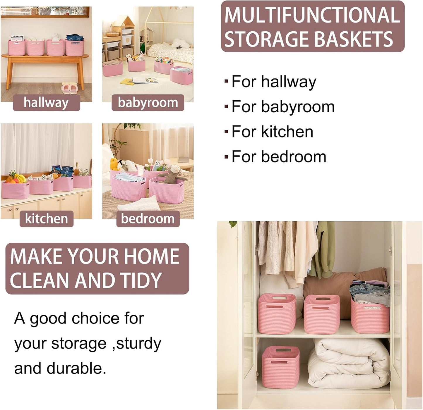 OIAHOMY 4 Pack Storage Baskets for Organizing, Cube Storage Bins for Shelves, Rectangle Storage Baskets With Handles, Woven Baskets for Storage, 12.7''Lx9''Wx7.8''H, Pink