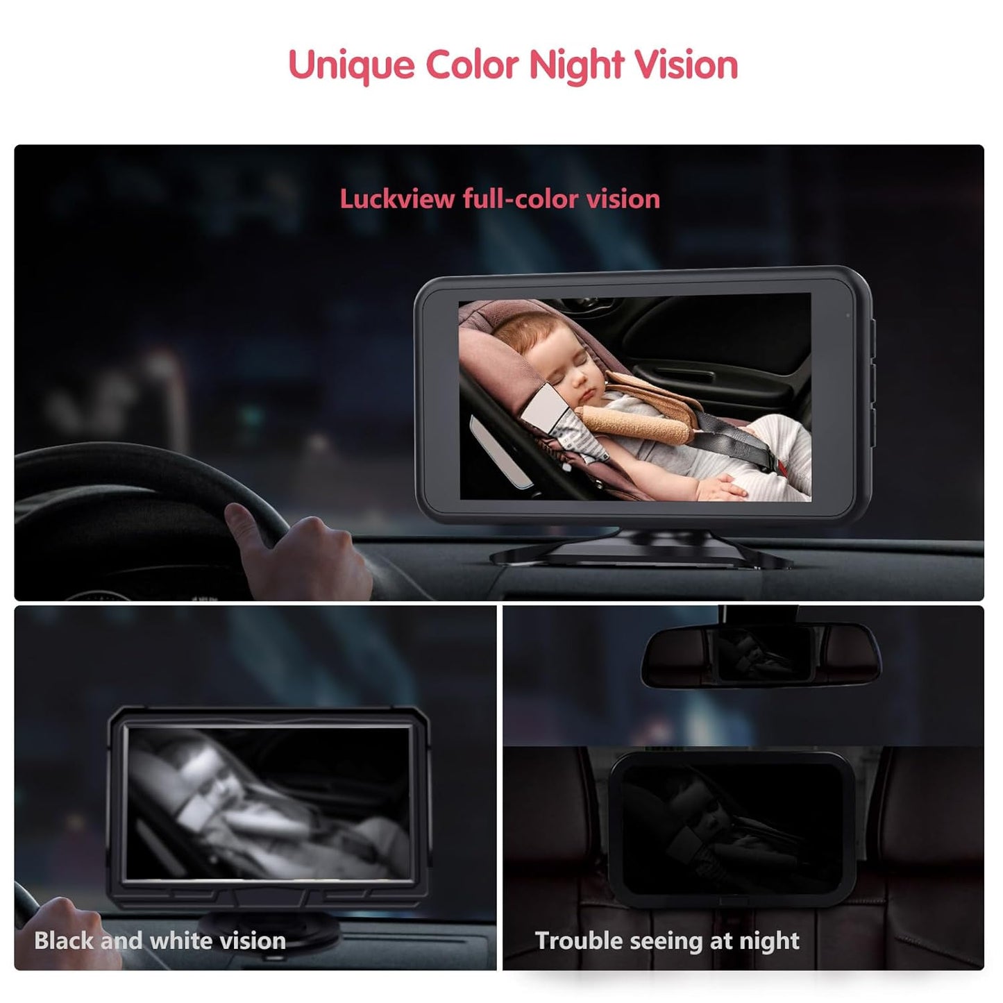 BM2 Car Camera for Baby, 5.2" 1080P Screen with 3X Zoom, Clear Rear-Facing View, 360° Rotating Lens, Easy Installation – Safety for Infants and Pets