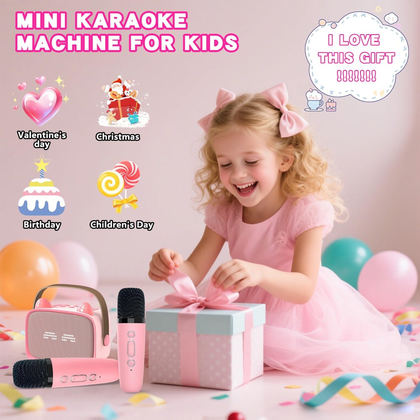 Mgaolo Upgraded Mini Karaoke Machine Toy for Kids, Portable Bluetooth Speaker with 2 Wireless Mics, Emoji & Colorful LED Lights, Home Travel & Party Play Gifts for Boys Girls (Pink)