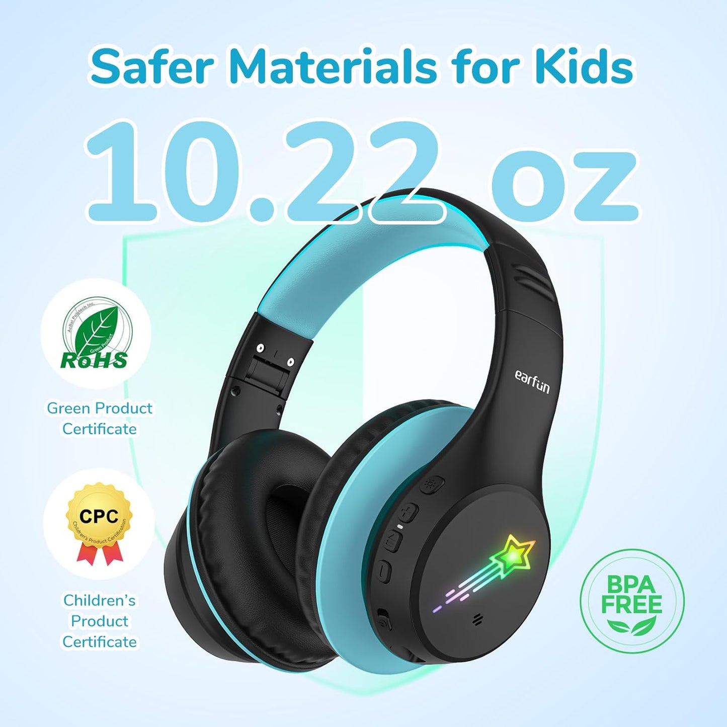 EarFun K4 Kids Bluetooth Headphones, Wireless Headphones with LED Lights, 74/85/94dBA Volume Limited, Built-in Mic, 90H Playtime, Bluetooth 5.4 Over Ear Headphone for iPad/Tablet/School, Dark Black
