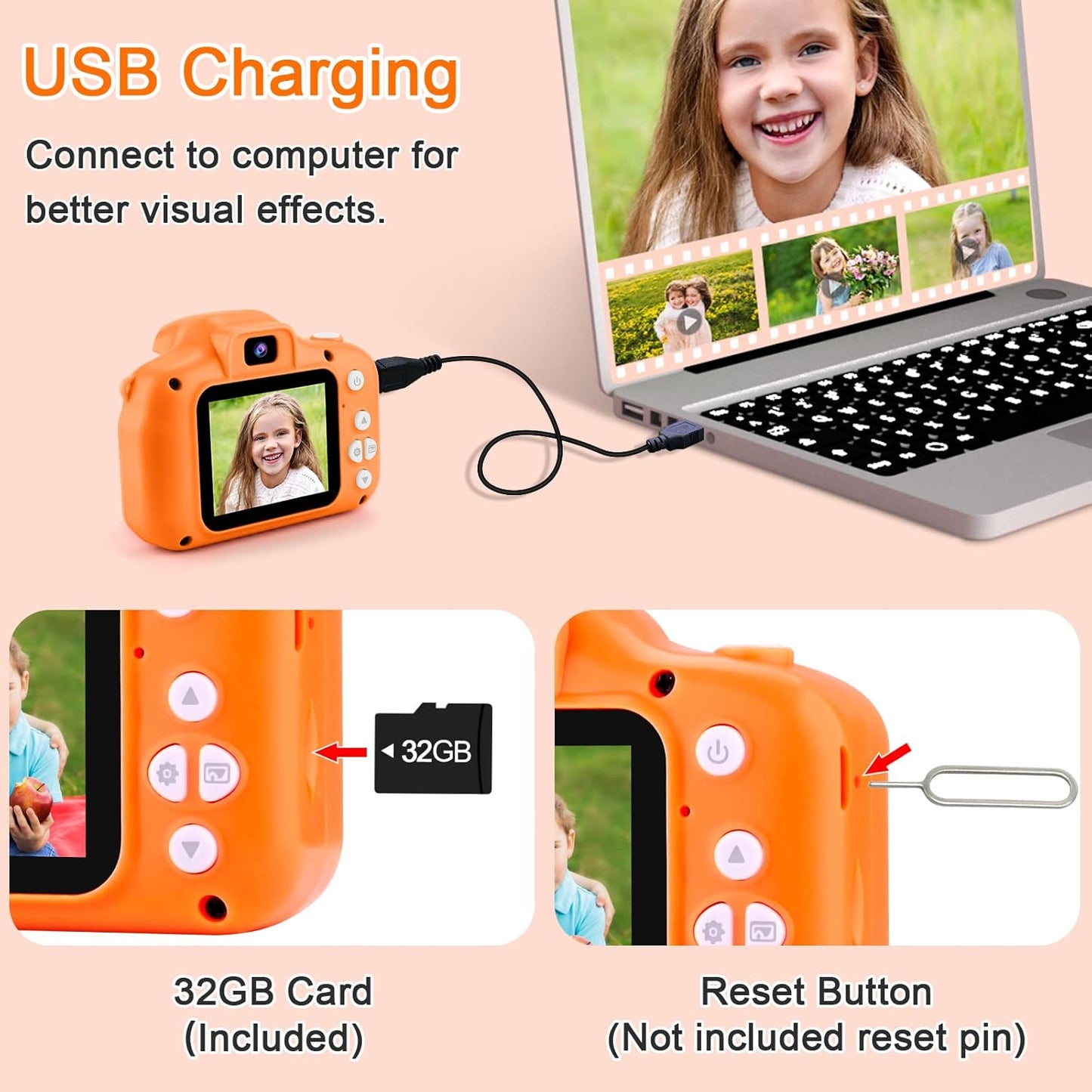 GKTZ Toys for Girls Age 3-8, Kids Camera Digital Video Toddler Camera Children Camcorder Birthday Gifts for 3 4 5 6 7 8 Year Old Girls with 32GB SD Card