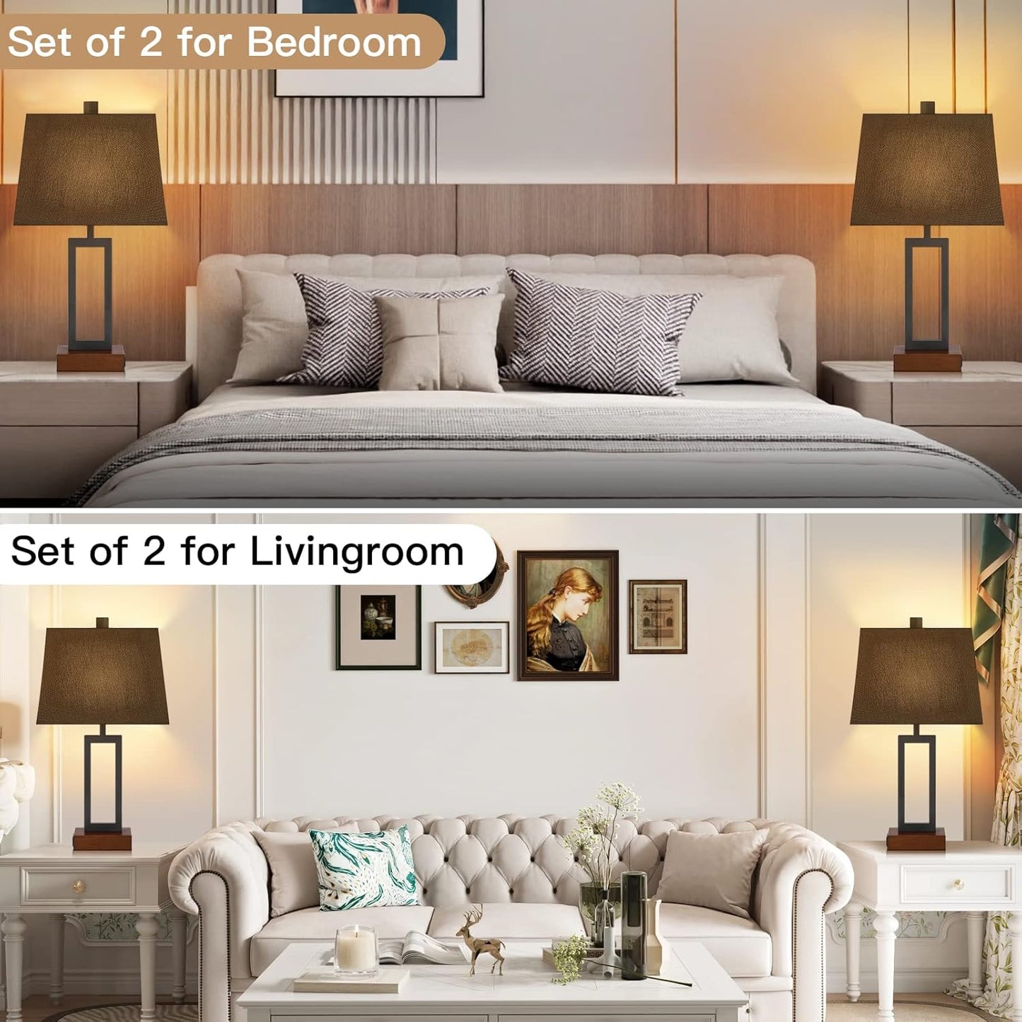 Touch Control Table Lamps Set of 2, Modern Bedside Lamps with 2 USB Charging Ports & AC Outlet, 3-Way Dimmable Wood Nightstand Lamp for Living Room Bedroom End Table Office Black(2 LED Bulbs Included)