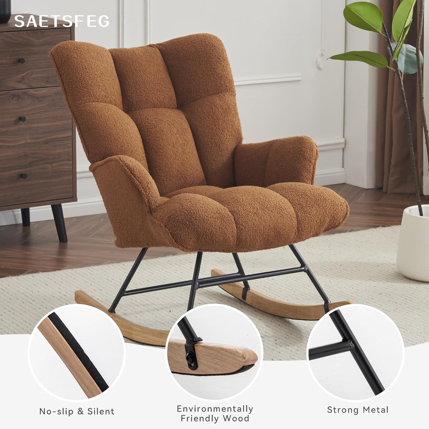 Rocking Chair Nursery Teddy Upholstered Glider Rocker Rocking Accent Chair Padded Seat with High Backrest Armchair Comfy Side Chair for Living Room Bedroom Offices (Brown Teddy)