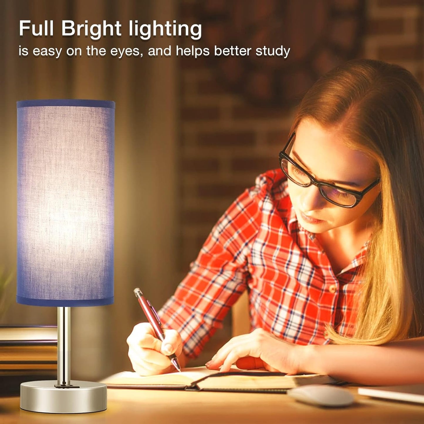 Navy Blue Touch Lamp for Boys - Small Nightstand Lamp with USB-C and USB Charging Ports, 3 Way Dimmable Bedside Table Lamp with Fabric Shade Silver Base for Nursery, Dorm, Office, Reading