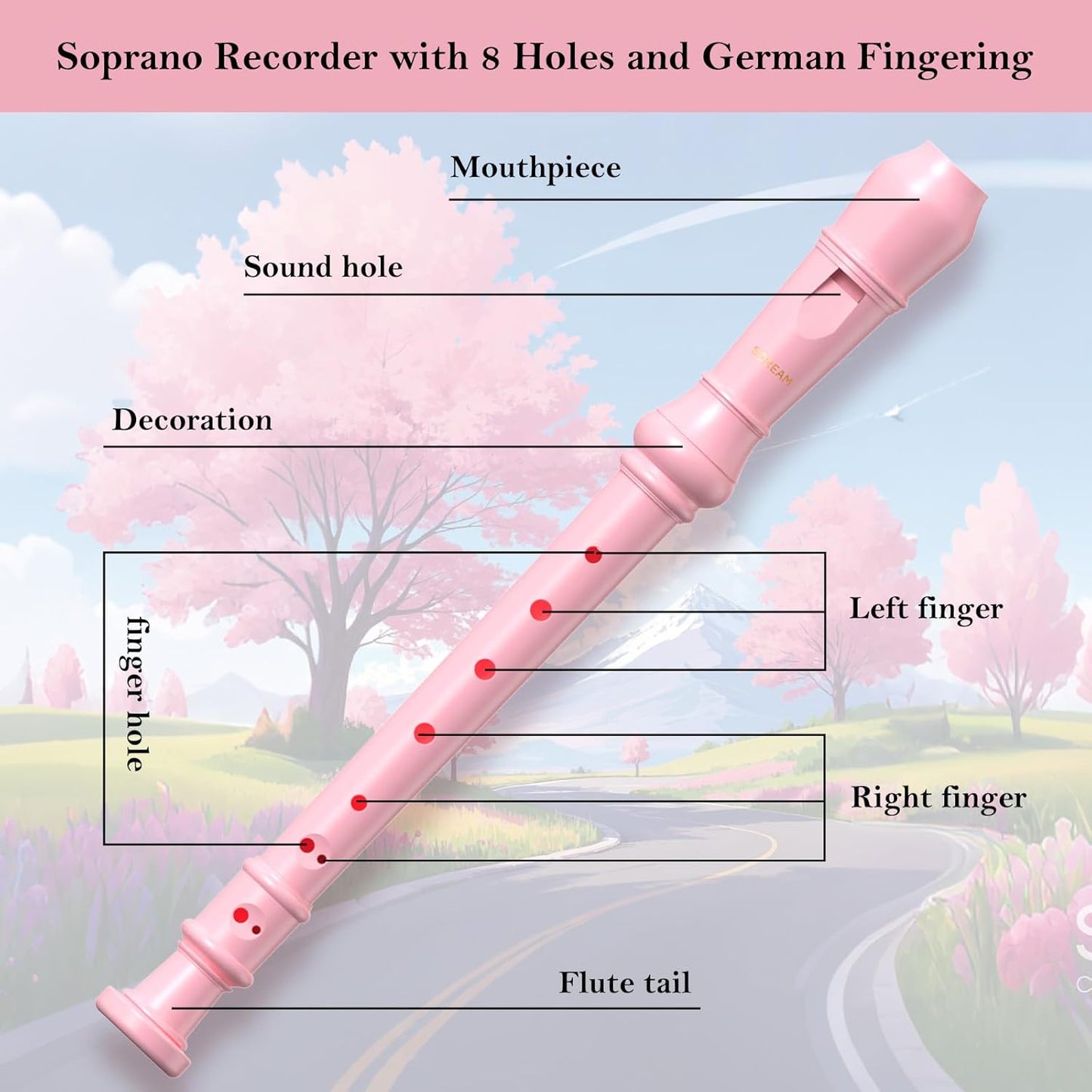SDREAM Soprano Recorder Instrument for Kids and Adults - Beginner 8 Hole German Fingering Recorder Flute With Cleaning Rod, Packing Bag and Sheet Music (Pink)