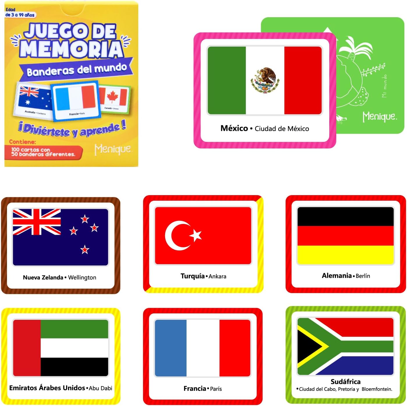 Menique, Juego de Memoria de Banderas del Mundo en español, para niños y adultos. Flags of The World, Memory Matching Game in Spanish, for Kids and Adults, 100 Tiles 50 Pairs.