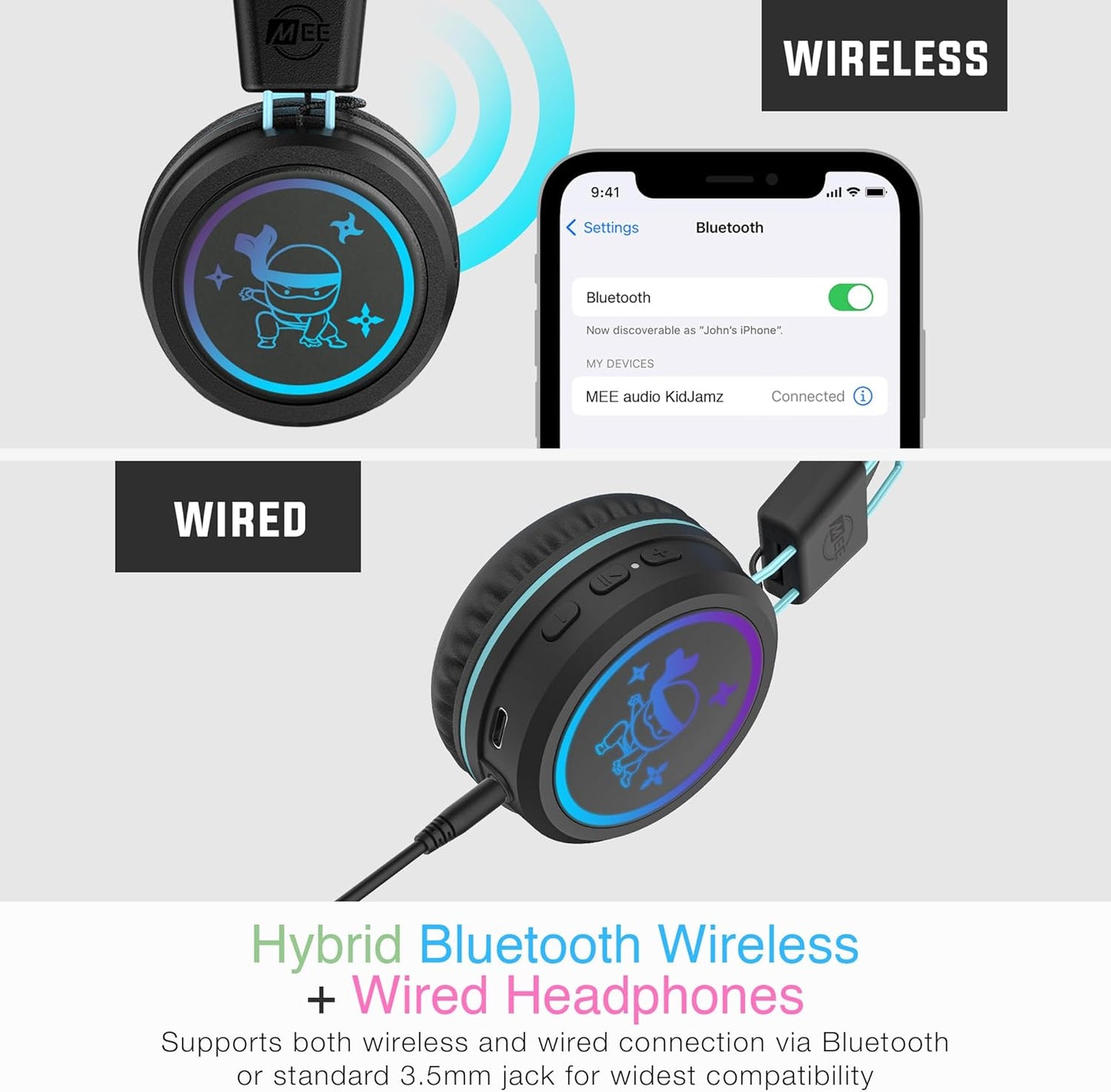 MEE audio KidJamz KJ55BT Personalized Bluetooth Wireless Safe Listening Headphones for Kids w/Custom LED-Backlit Design, Volume Limiter, Microphone; Kids Headset for School/iPhone/iPad/Tablet (Black)